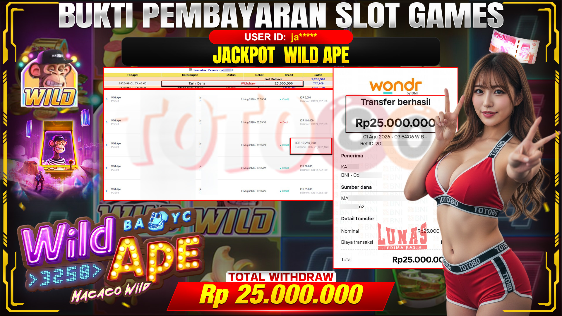 💰🎉 TOTO80 – JACKPOT SLOT WILD APE  RP. 25,000,000,- TELAH DIBAYARKAN!💰🎉