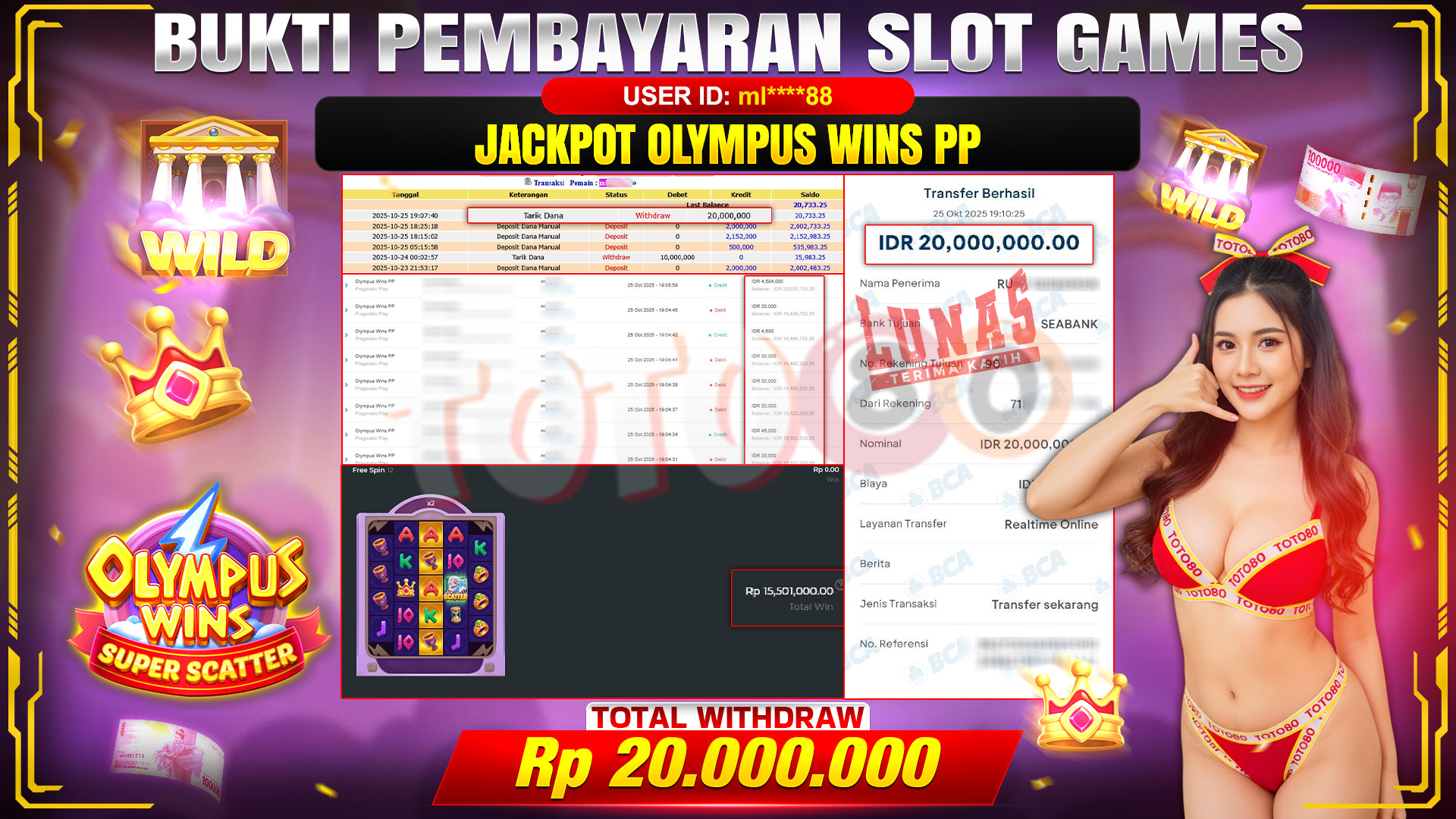🎉 TOTO80 – JACKPOT SLOT OLYMPUS WINS PP RP.20,000,000,- TELAH DIBAYARKAN! 🎉