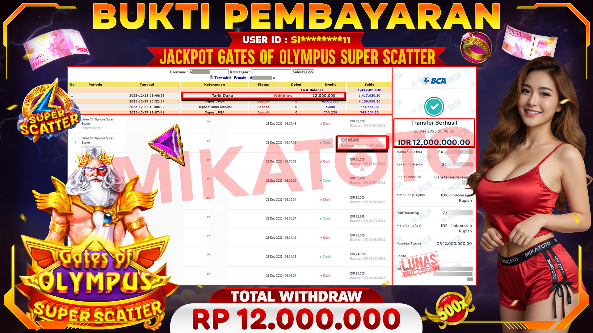 🏆 SELAMAT KEPADA PEMENANG JACKPOT DI Gates Of Olympus Super Scatter - Pragmatic Play 12,000,000 🏆