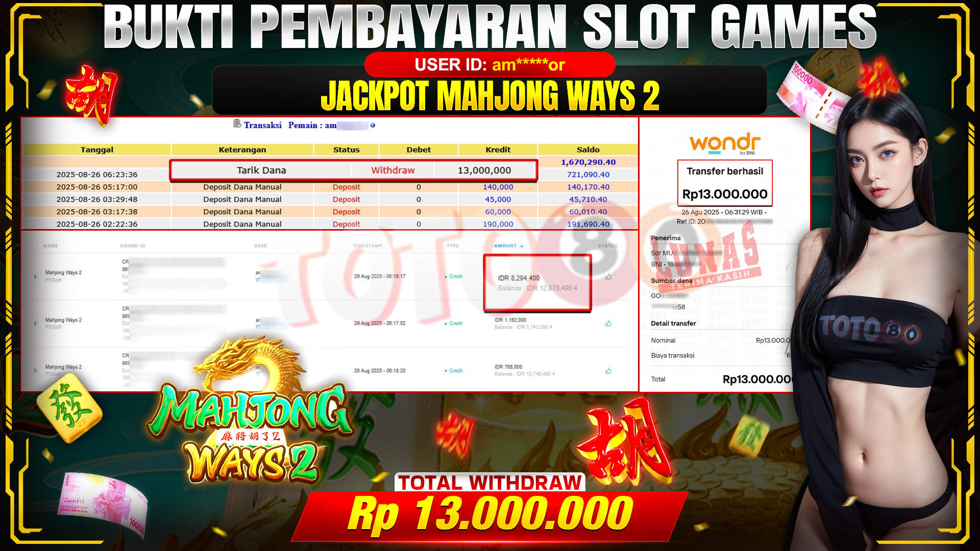 🎉 TOTO80 – JACKPOT SLOT MAHJONG WAYS 2 =RP.13,000,000,- TELAH DIBAYARKAN! 🎉