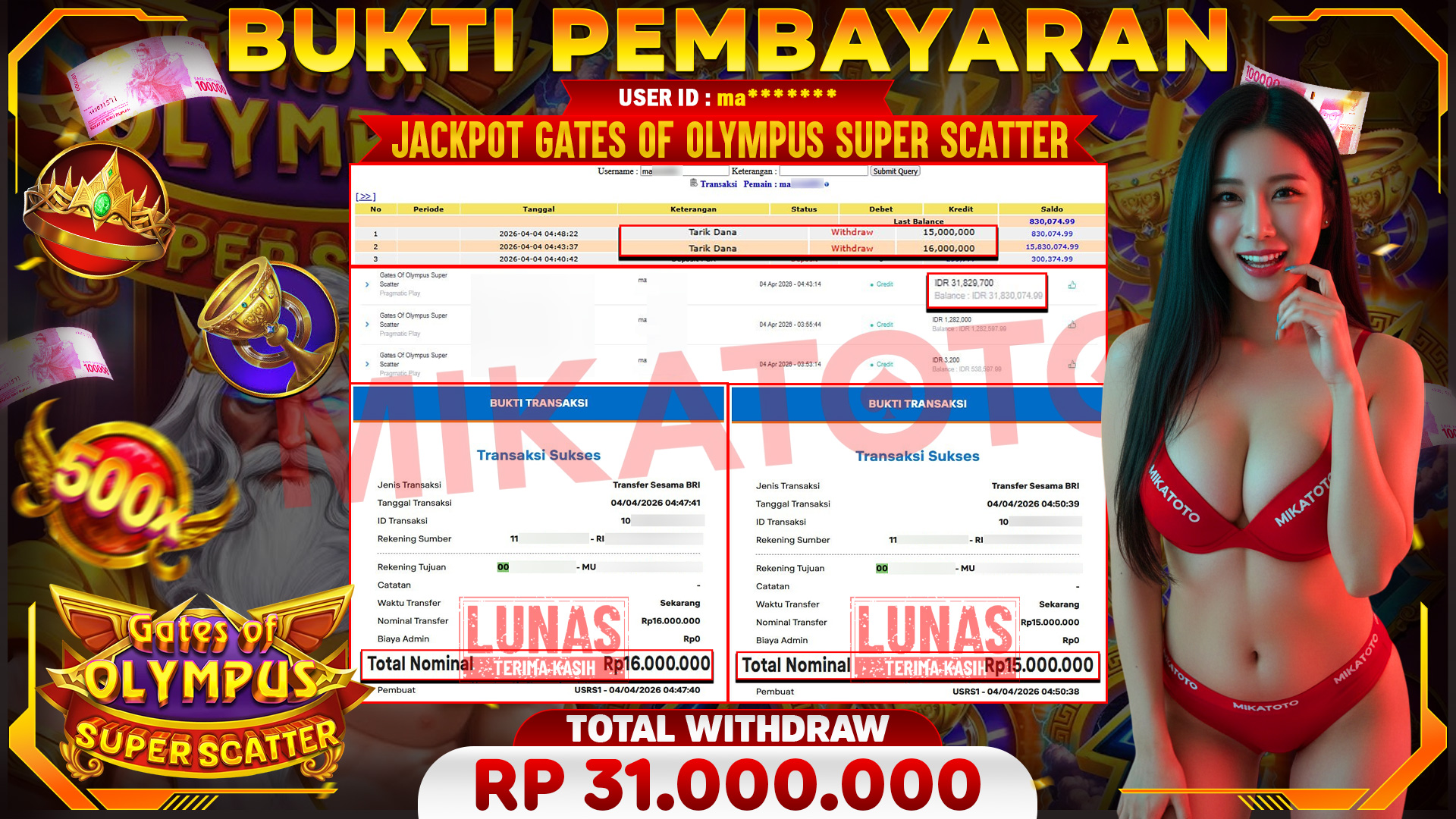 🏆 SELAMAT KEPADA PEMENANG JACKPOT DI Gates Of Olympus Super Scatter  - Pragmatic Play 31,000,000🏆