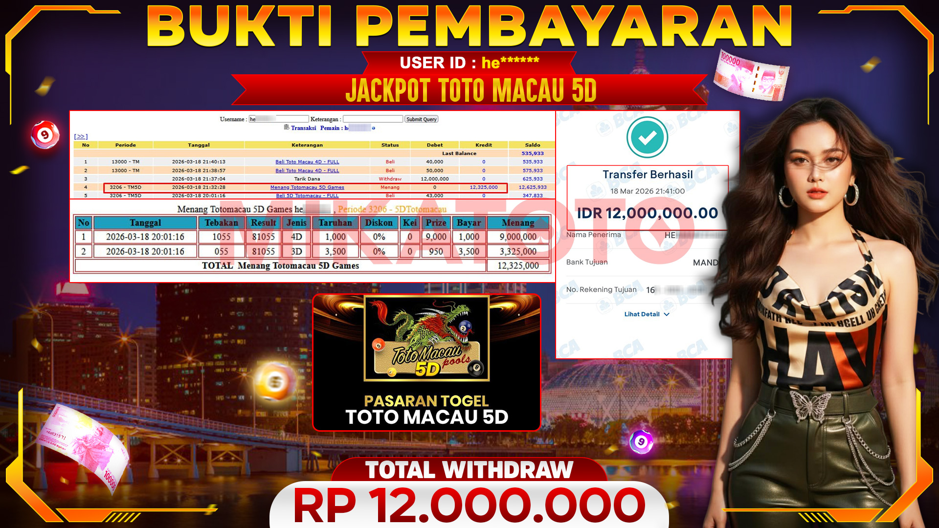 🏆 SELAMAT KEPADA PEMENANG JACKPOT DI Totomacau 5D Games - TOGEL 12,000,000🏆