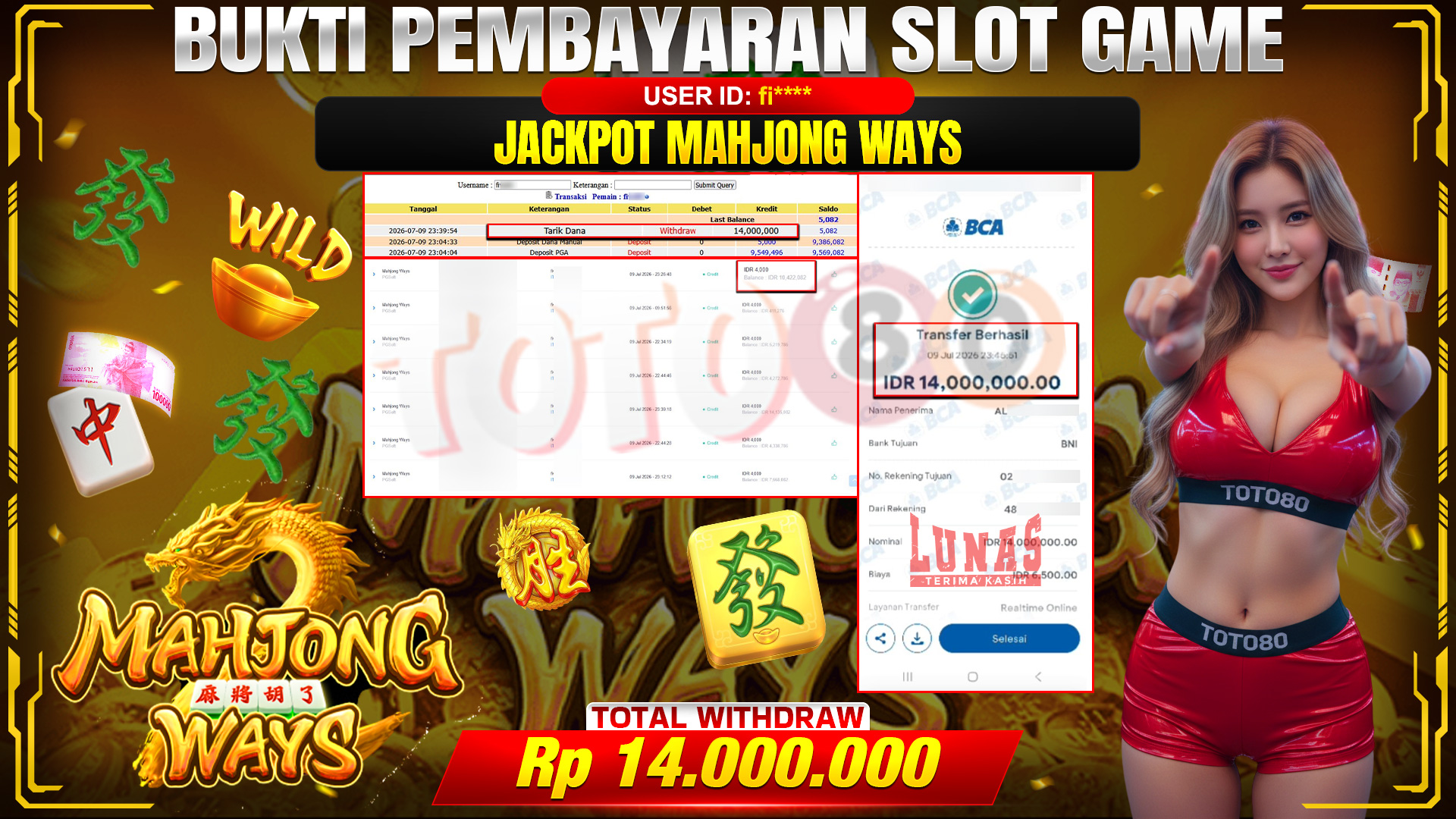 💰🎉 TOTO80 – JACKPOT SLOT MAHJONG  WAYS  RP. 14,000,000,-   TELAH DIBAYARKAN!💰🎉