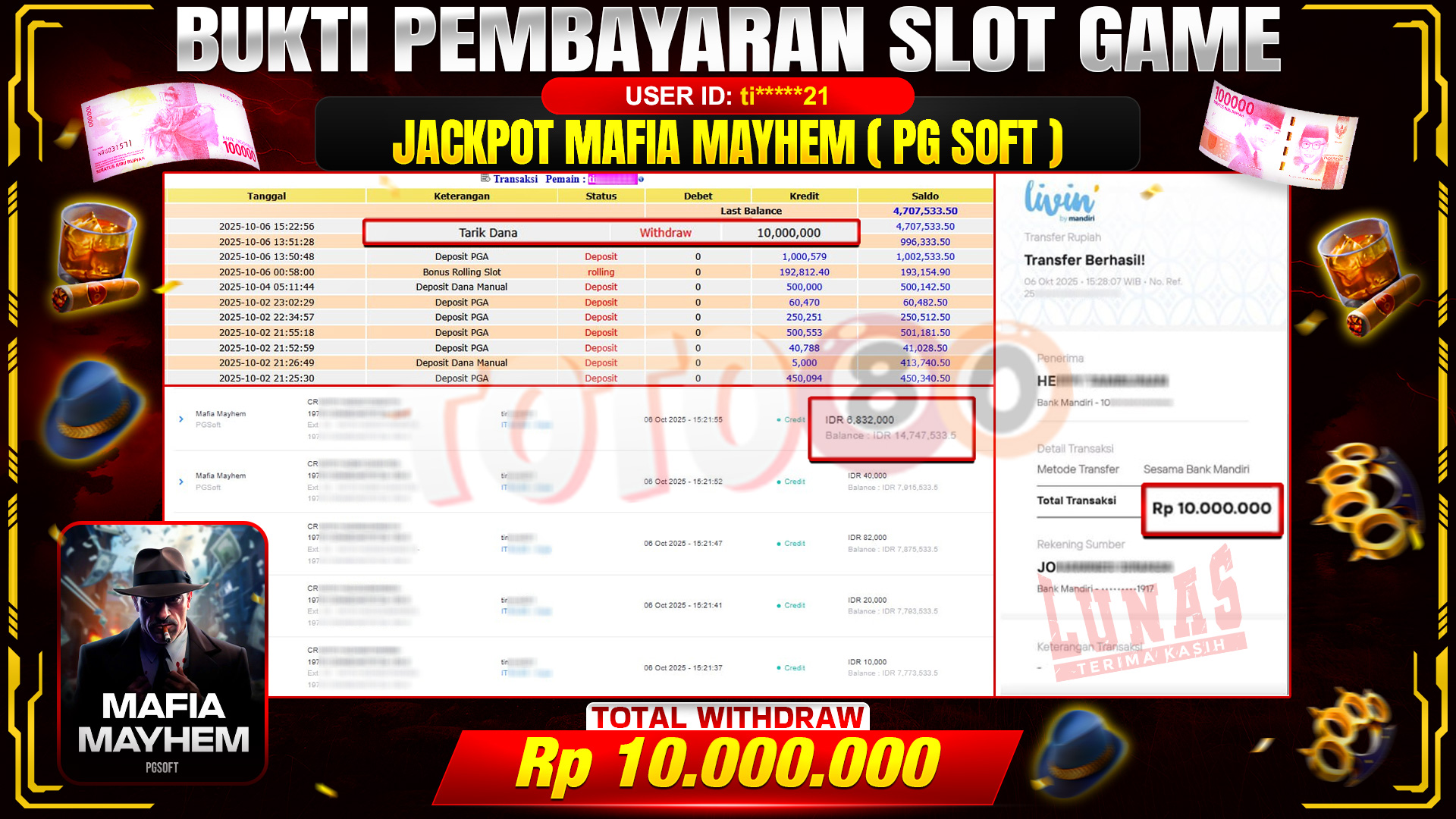 🎉 TOTO80 – JACKPOT SLOT MAFIA MAHYEM RP.10.000.000,- TELAH DIBAYARKAN! 🎉