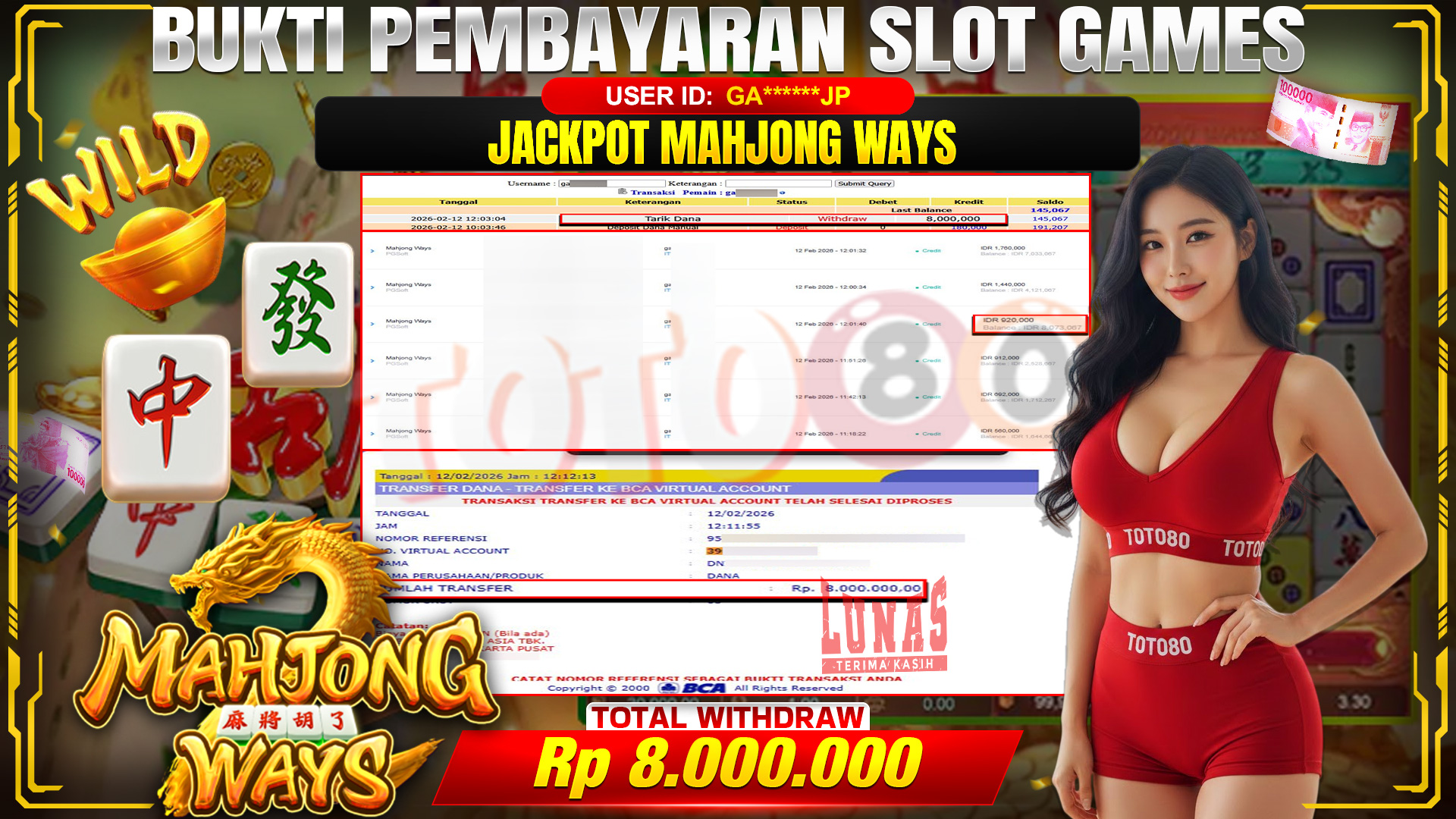 🎉 TOTO80 – JACKPOT SLOT MAHJONG WAYS  RP. 8,000,000,- TELAH DIBAYARKAN! 🎉
