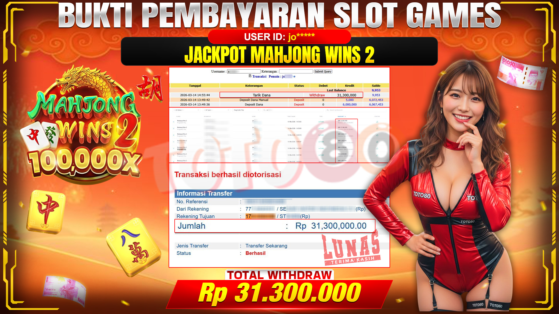 🎉 TOTO80 – JACKPOT SLOT MAHJONG WINS 2 RP. 31,300,000,- TELAH DIBAYARKAN! 🎉