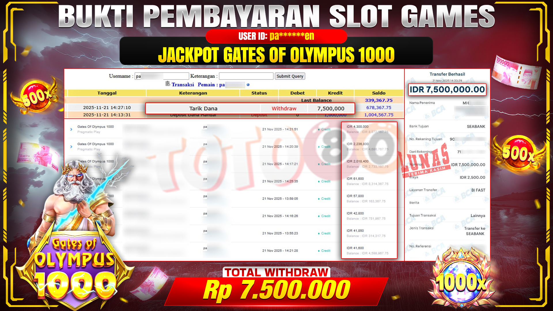 🎉 TOTO80 – JACKPOT SLOT GATES OF OYLMPUS 1000 RP.7,500,000,- TELAH DIBAYARKAN! 🎉