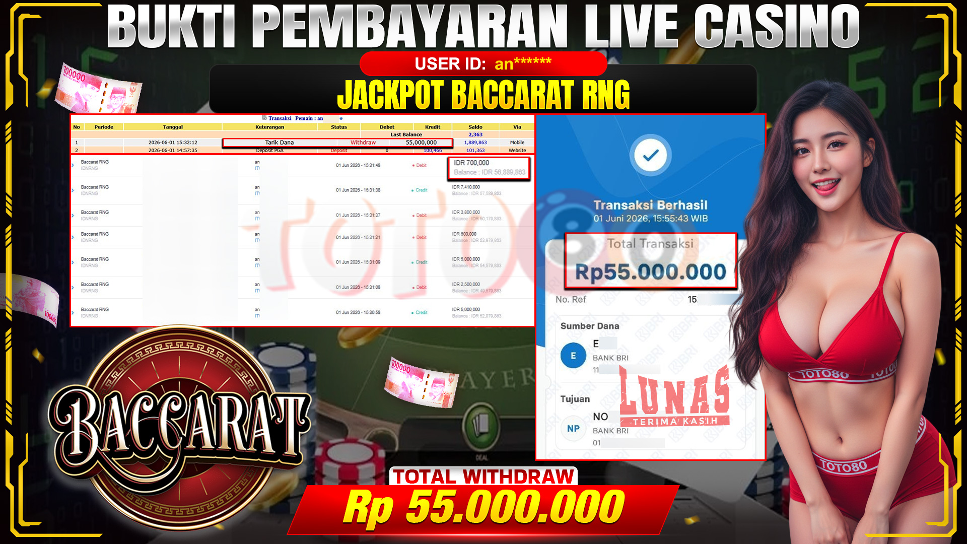 💰🎉 TOTO80 – JACKPOT  BACCARAT RNG  RP. 55,000,000,-  TELAH DIBAYARKAN!💰🎉
