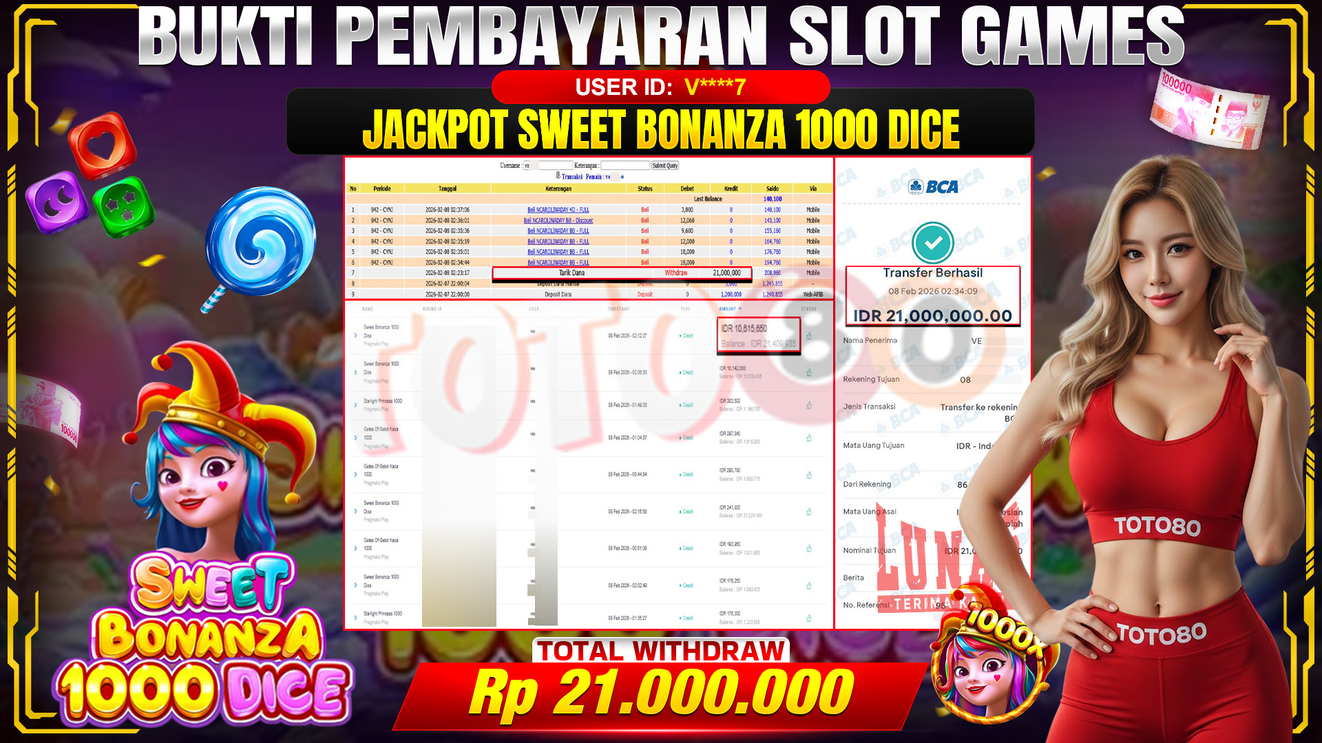 🎉 TOTO80 – JACKPOT SLOT SWEET BONANZA 1000 DICE  RP. 21,000,000,- TELAH DIBAYARKAN! 🎉