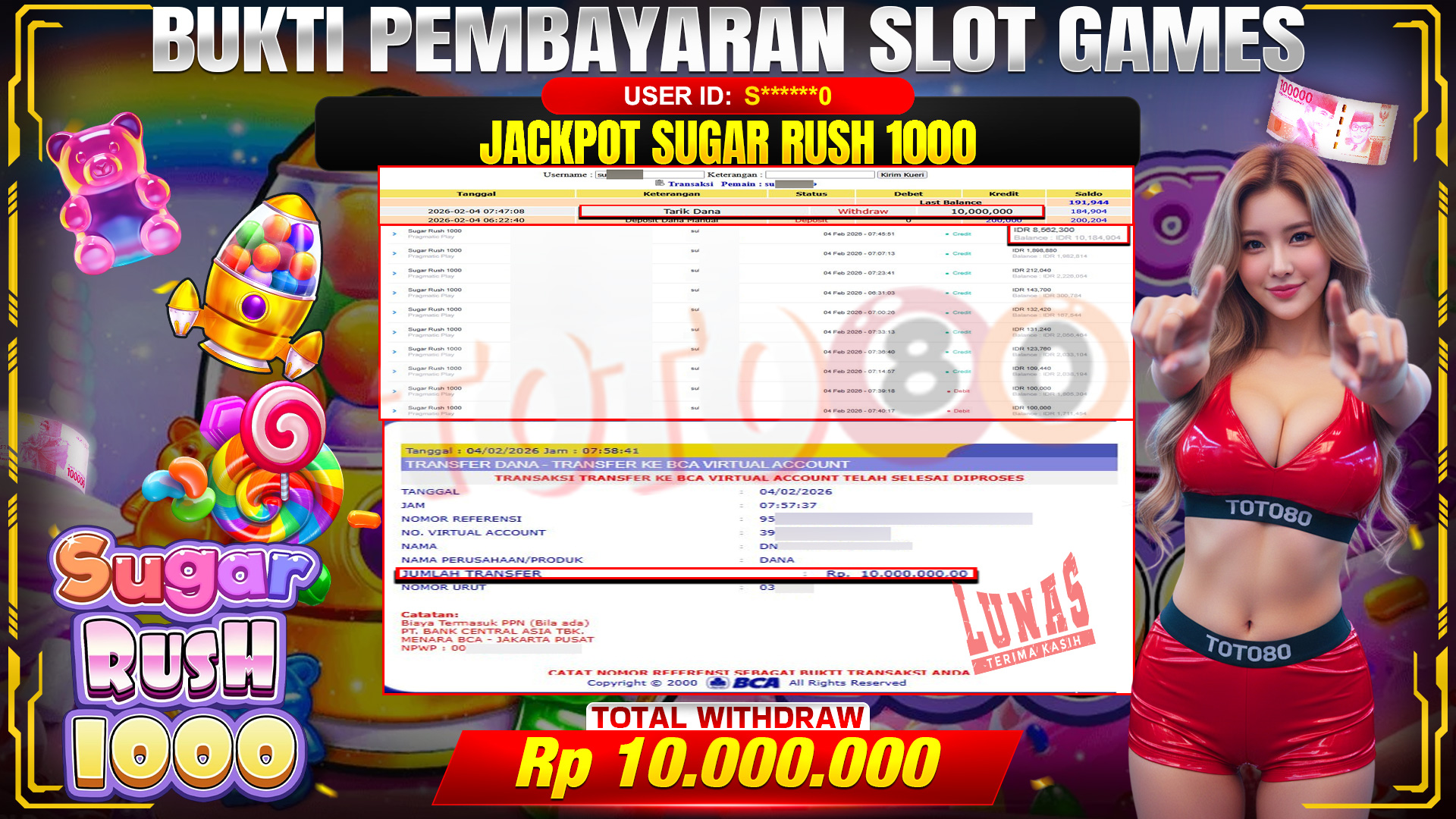 🎉 TOTO80 – JACKPOT SLOT SUGAR RUSH 1000 RP. 10,000,000,- TELAH DIBAYARKAN! 🎉