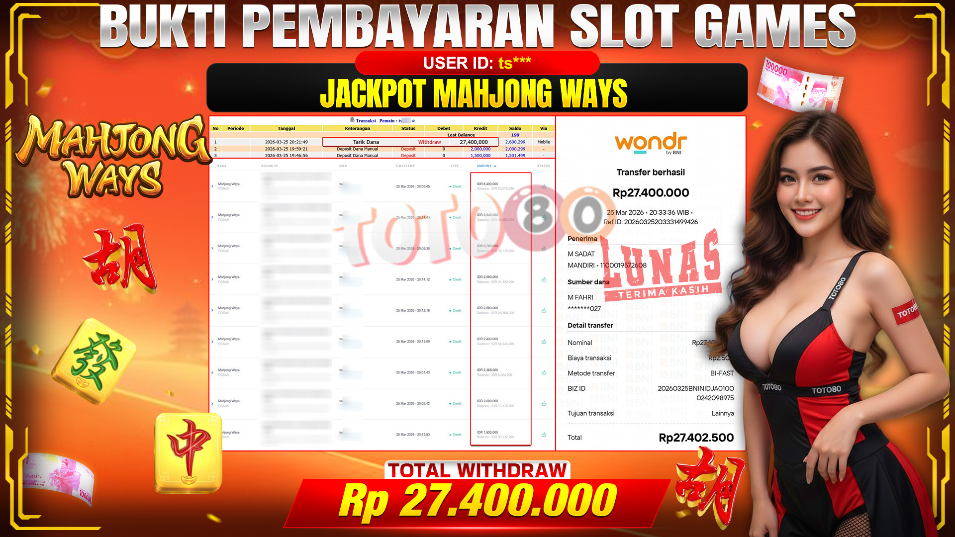 💰🎉TOTO80 – JACKPOT SLOT MAHJONG WAYS  RP.27,400,000,- TELAH DIBAYARKAN! 💰🎉