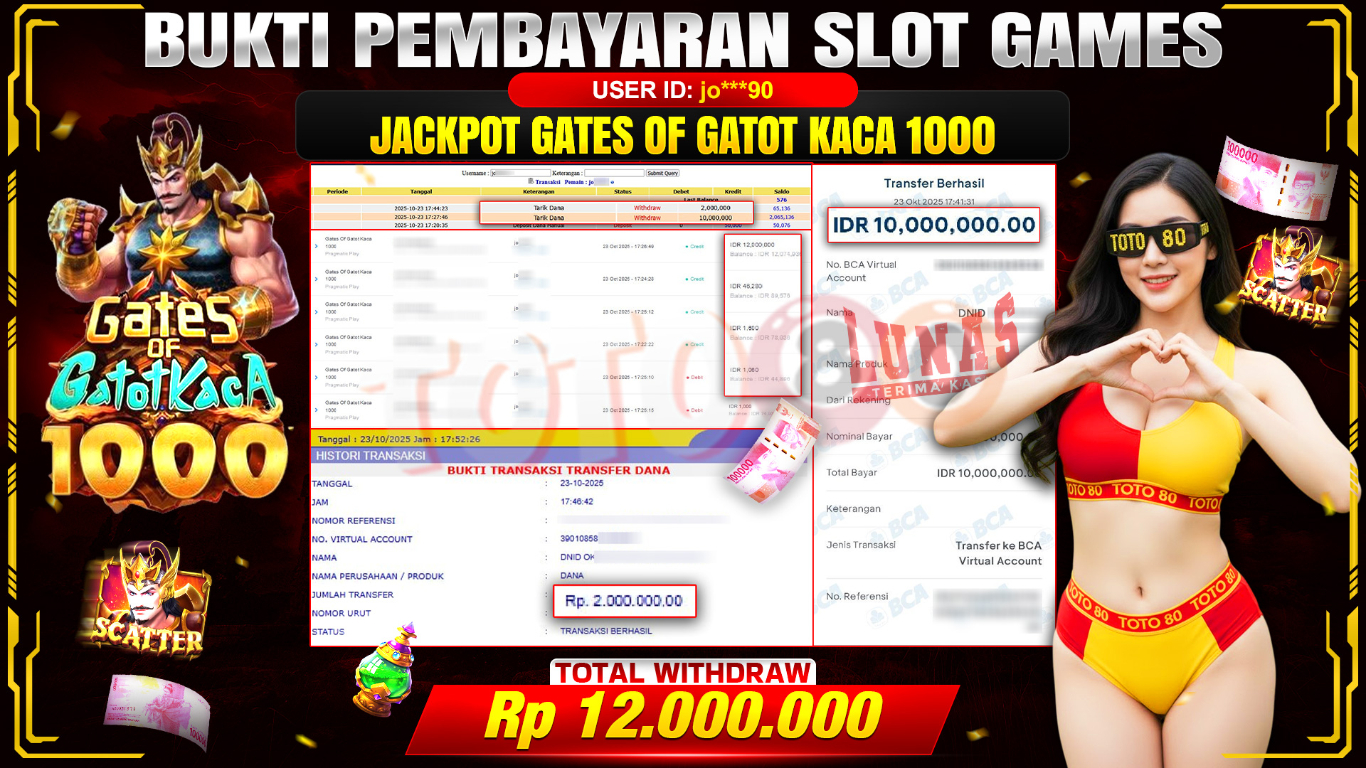 🎉 TOTO80 – JACKPOT SLOT GATES OF GATOT KACA 1000 2 RP.12.000.000,- TELAH DIBAYARKAN! 🎉