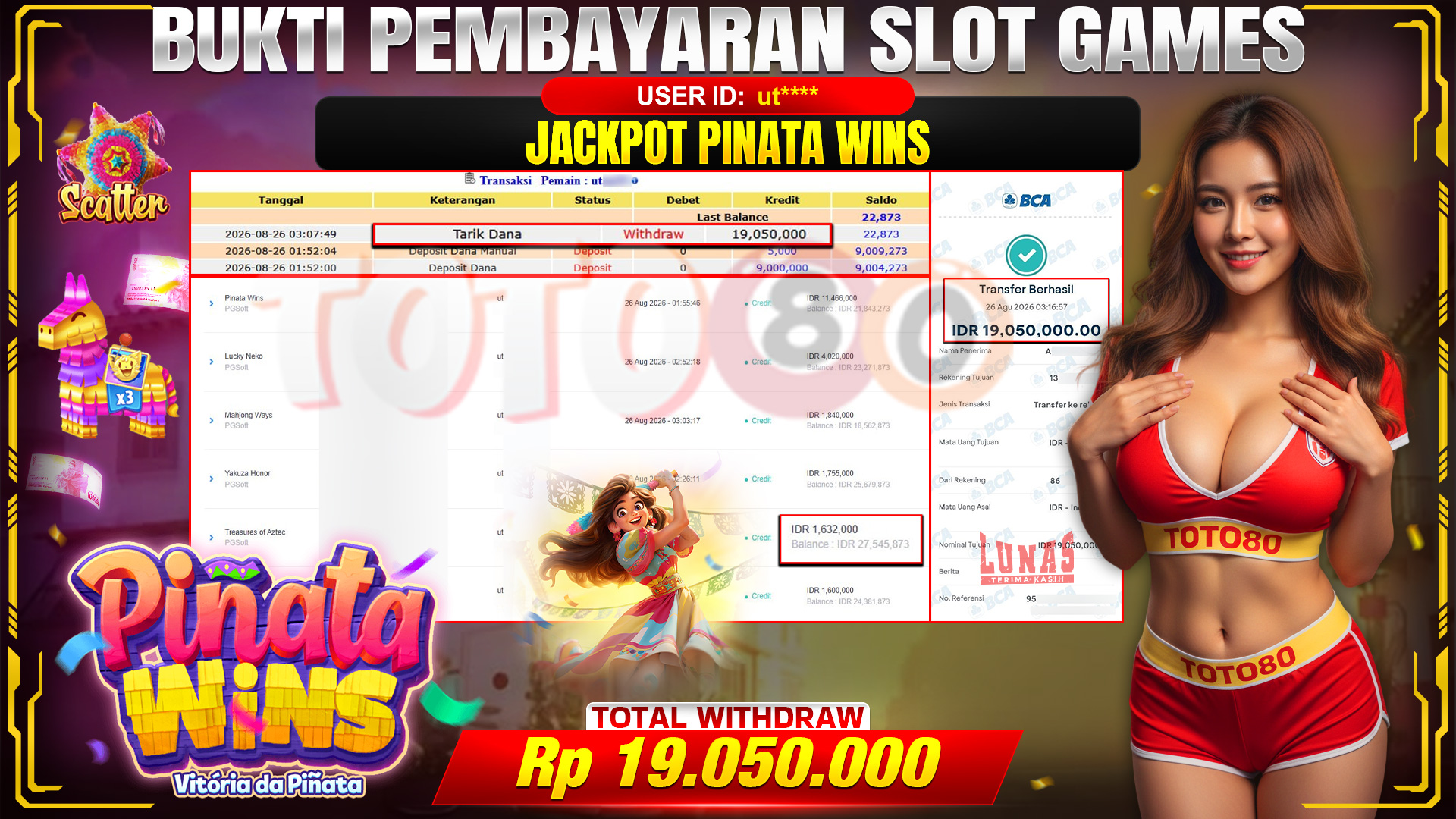 💰🎉 TOTO80 – JACKPOT SLOT PINATA WINS . 19,050,000,- TELAH DIBAYARKAN! 💰🎉