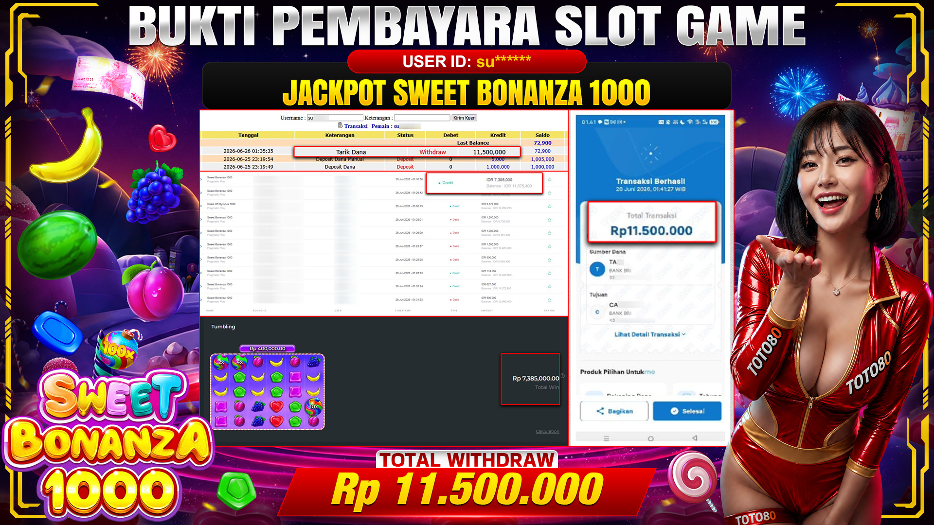 💰🎉  TOTO80 – JACKPOT SLOT SWEET BONANZA 1000 RP. 11,500,000,- TELAH DIBAYARKAN! 💰🎉 