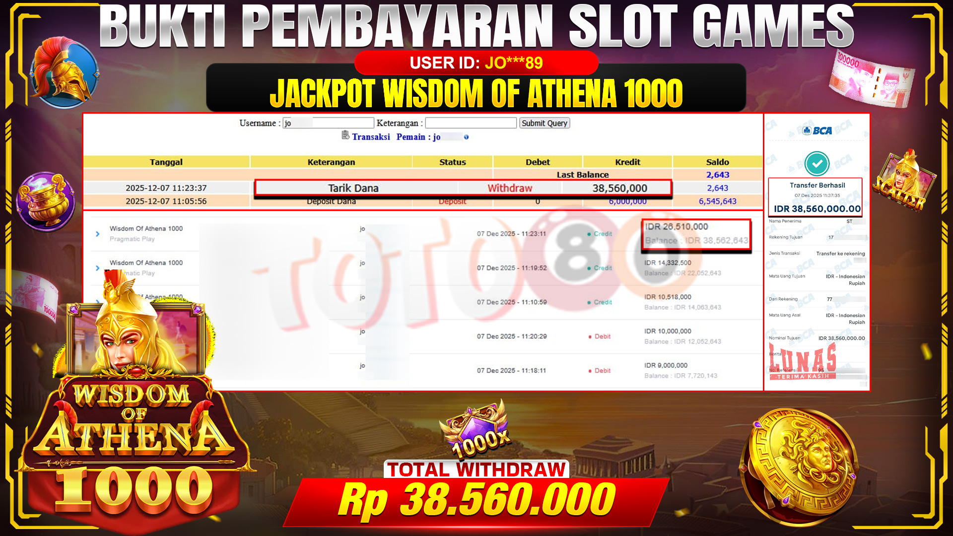 🎉 TOTO80 – JACKPOT SLOT WISDOM OF ATHENA 1000 RP. 38,560,000,- TELAH DIBAYARKAN! 🎉