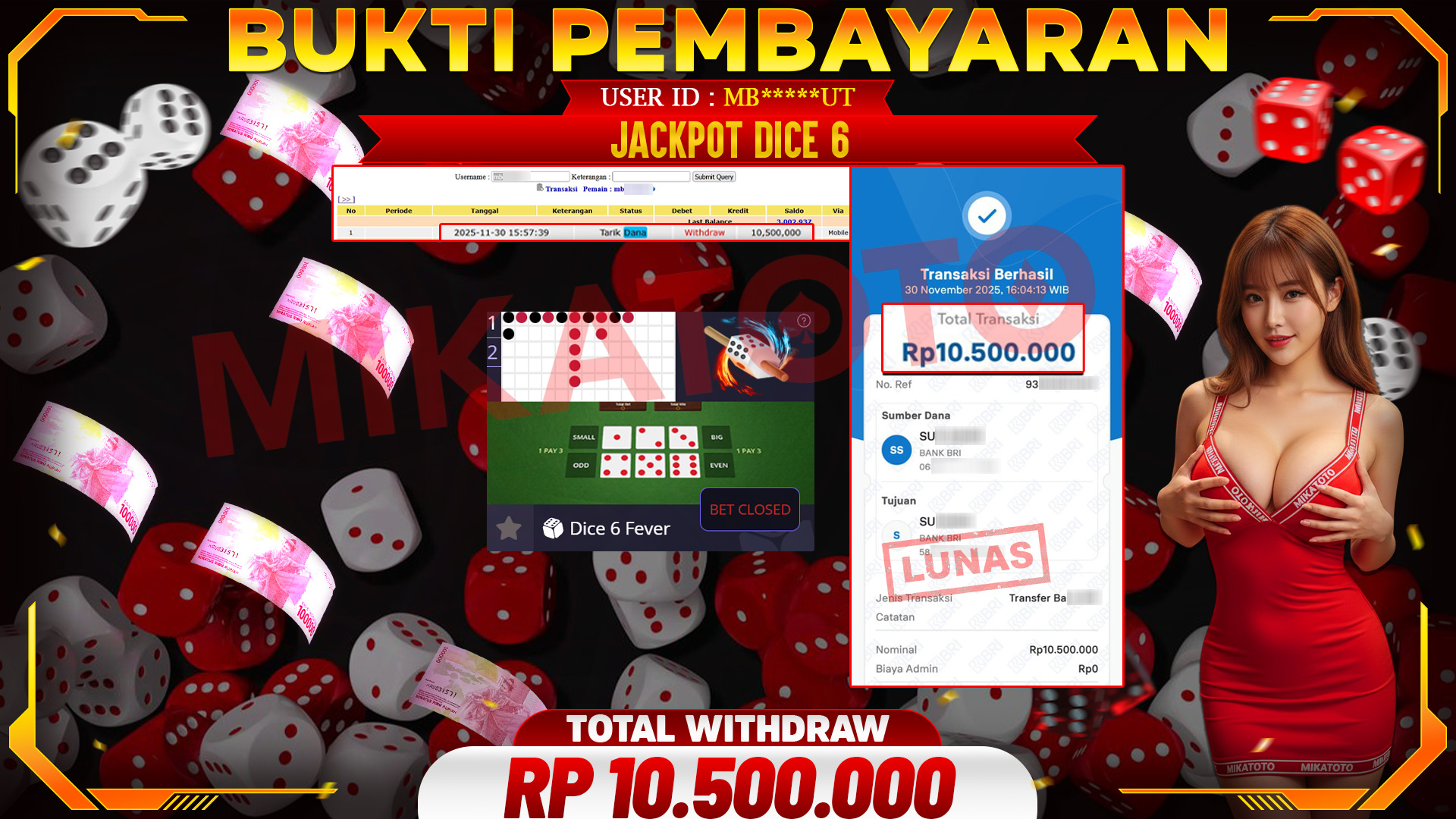 SELAMAT KEPADA PEMENANG JACKPOT DI Dice 6 - Live Game 10,500,000🏆