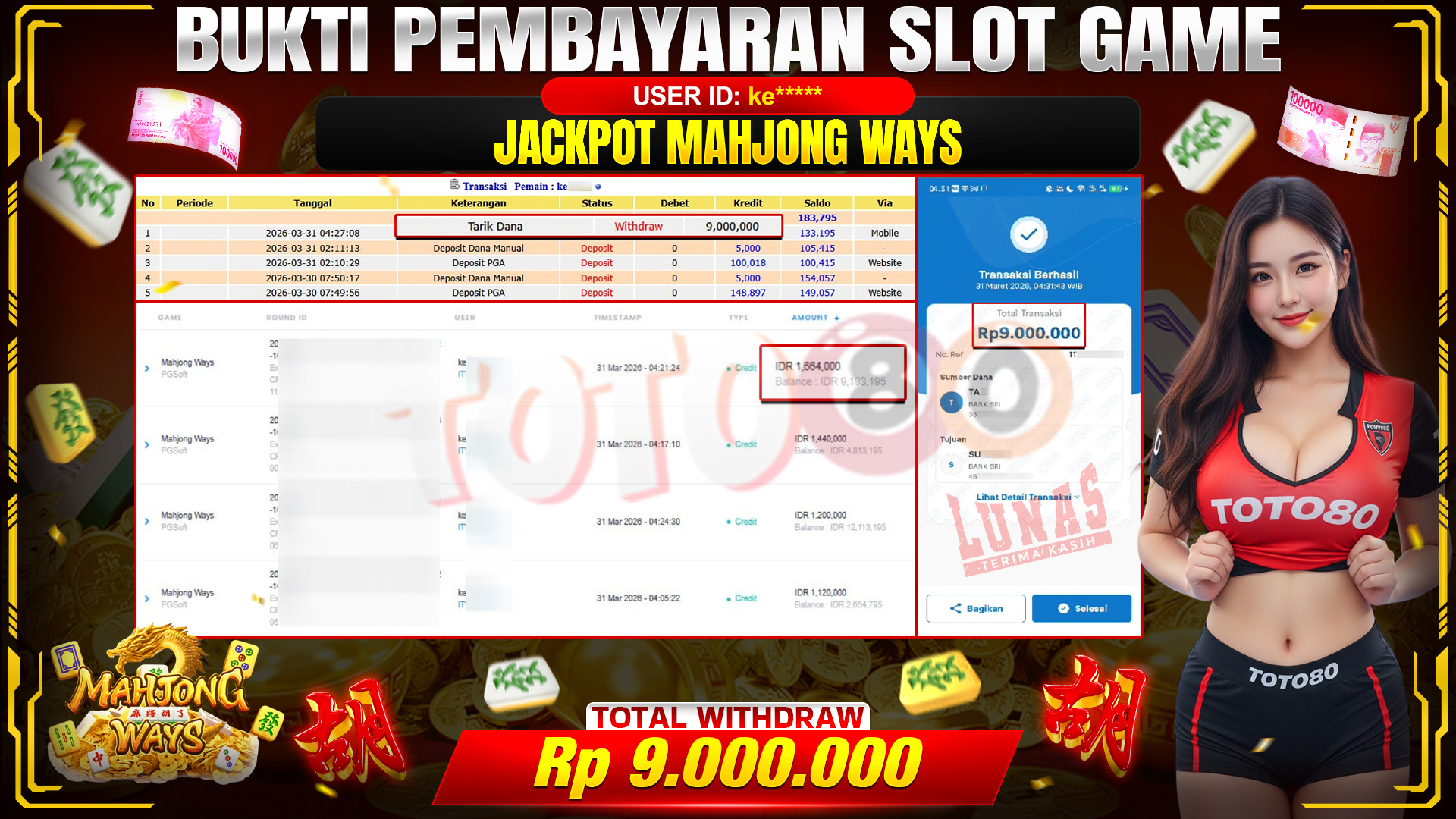 💰🎉 TOTO80 – JACKPOT SLOT MAHJONG WAYS RP. 9,000,000,- TELAH DIBAYARKAN! 💰🎉