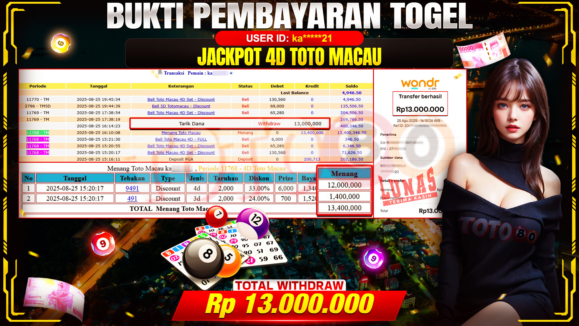 🎉 TOTO80 – JACKPOT TOGEL TOTO MACAU 4D = RP.13,000,000,- TELAH DIBAYARKAN! 🎉