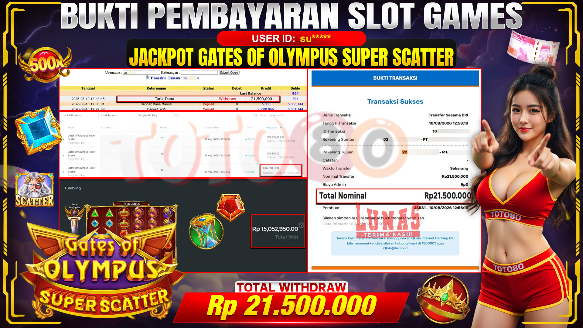 💰🎉 TOTO80 – JACKPOT SLOT GATES OF OLYMPUS SUPER SCATTER RP. 21,500,000,-  TELAH DIBAYARKAN!💰🎉