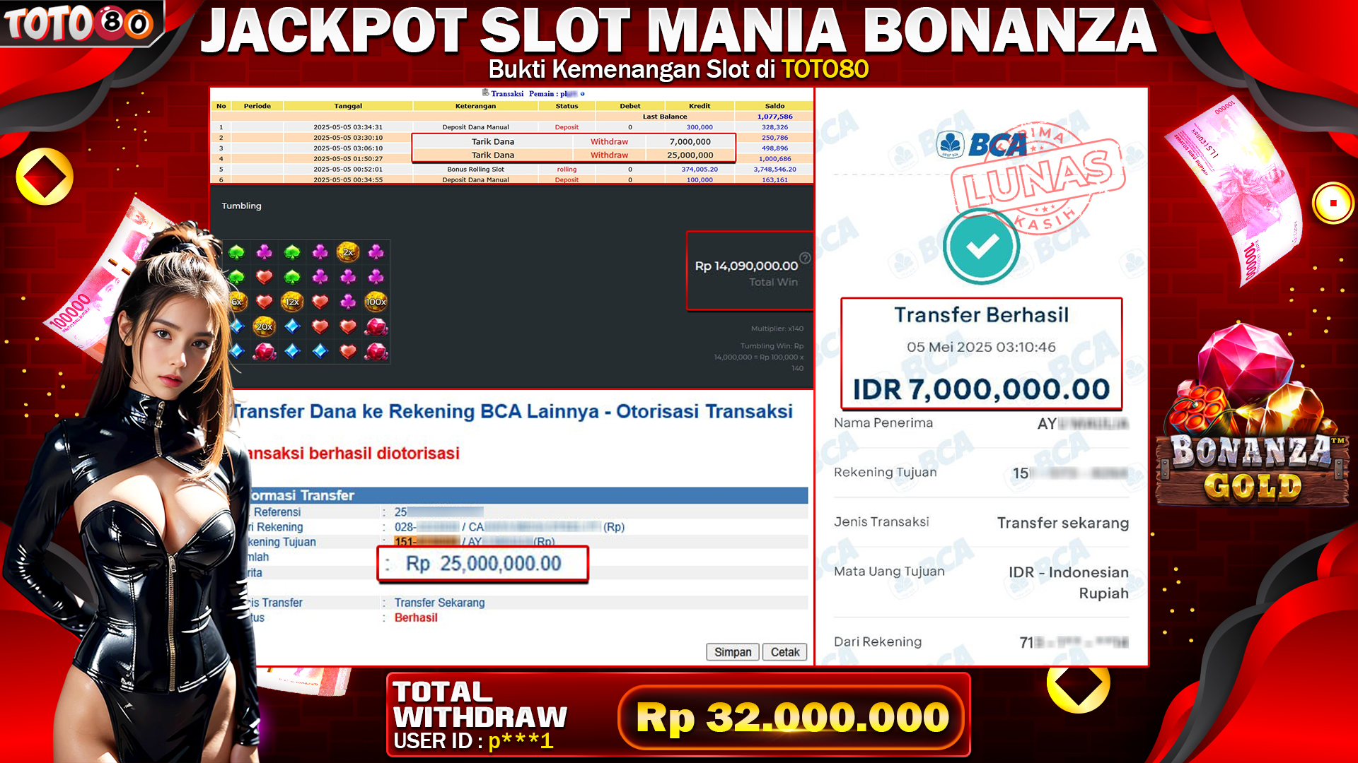 TOTO80 JACKPOT SLOT MANIA BONANZA  Rp.32.000.000,- LUNAS