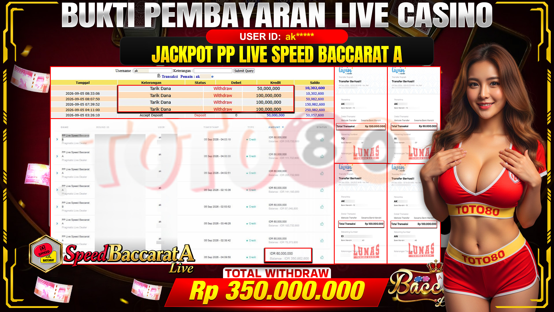 💰🎉 TOTO80 – JACKPOT PP LIVE SPEED BACCARAT A RP. 350,000,000,- TELAH DIBAYARKAN!💰🎉