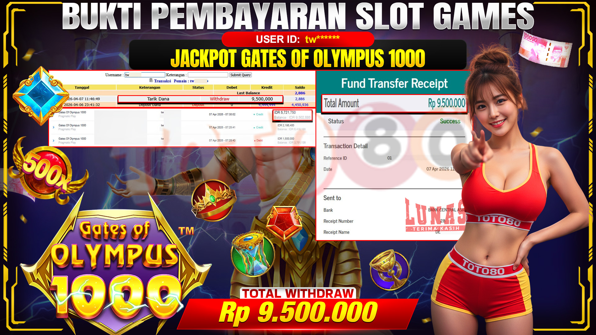 💰🎉 TOTO80 – JACKPOT SLOT GATES OF OLIMPUS 1000  RP. 9,500,000,- TELAH DIBAYARKAN!💰🎉