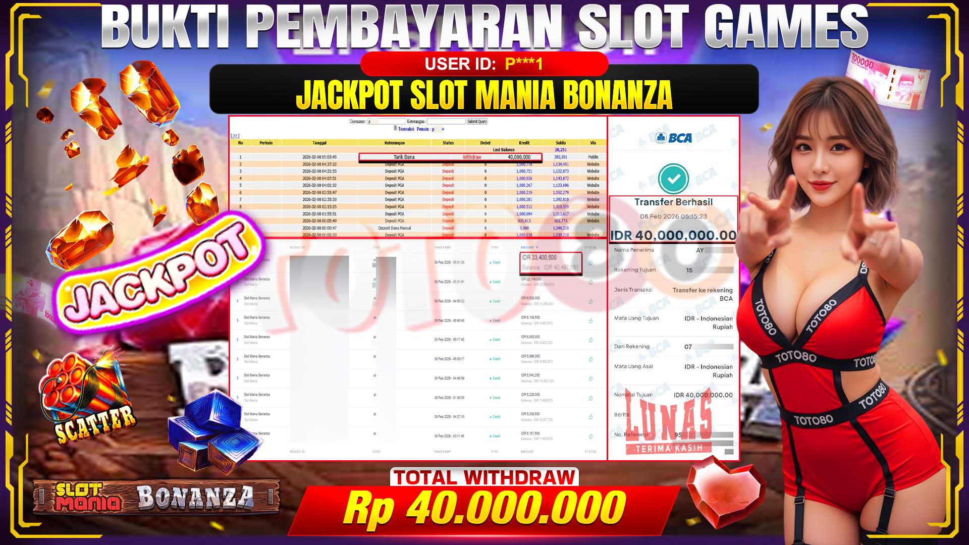 🎉 TOTO80 – JACKPOT SLOT MANIA BONANZA  RP. 40,000,000,- TELAH DIBAYARKAN! 🎉