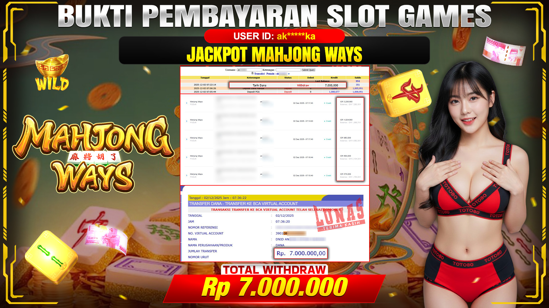 🎉 TOTO80 – JACKPOT SLOT MAHJONG WAYS RP. 7,000,000,- TELAH DIBAYARKAN! 🎉