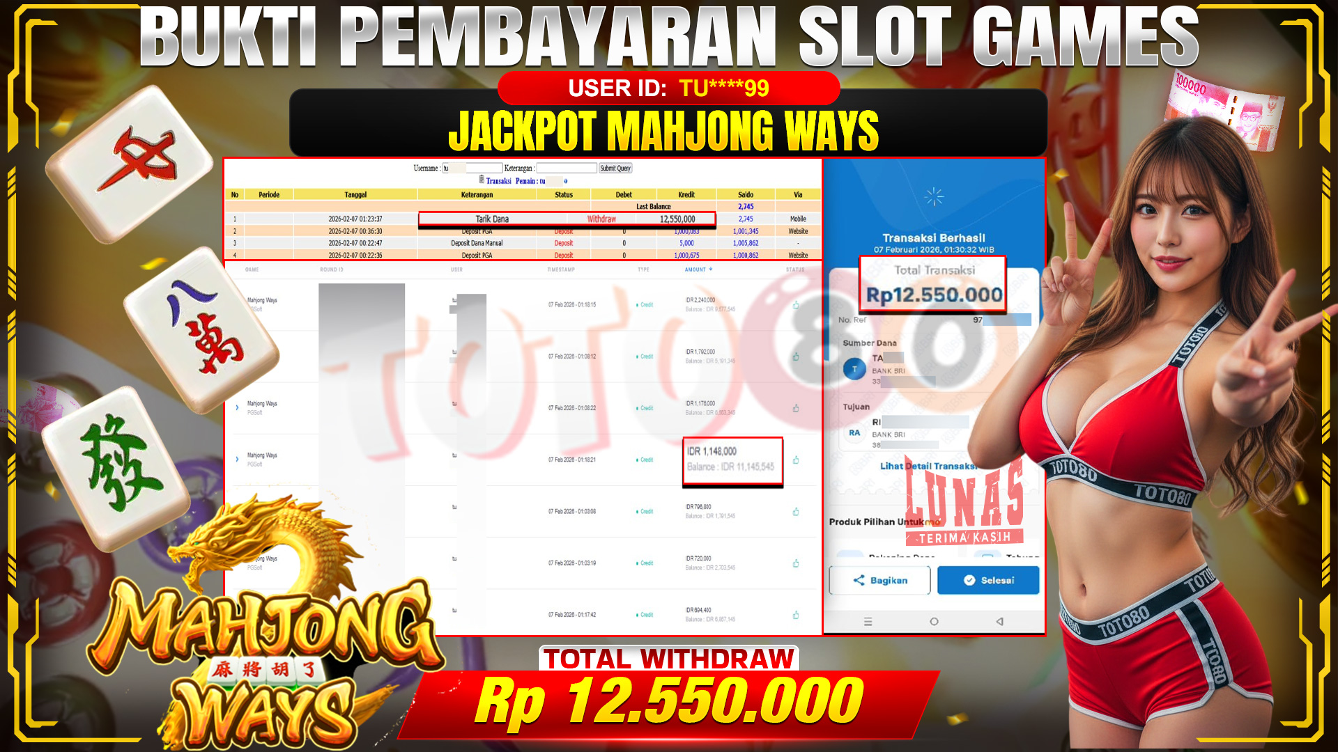 🎉 TOTO80 – JACKPOT SLOT MAHJONG WAYS RP. 12,550,000,- TELAH DIBAYARKAN! 🎉