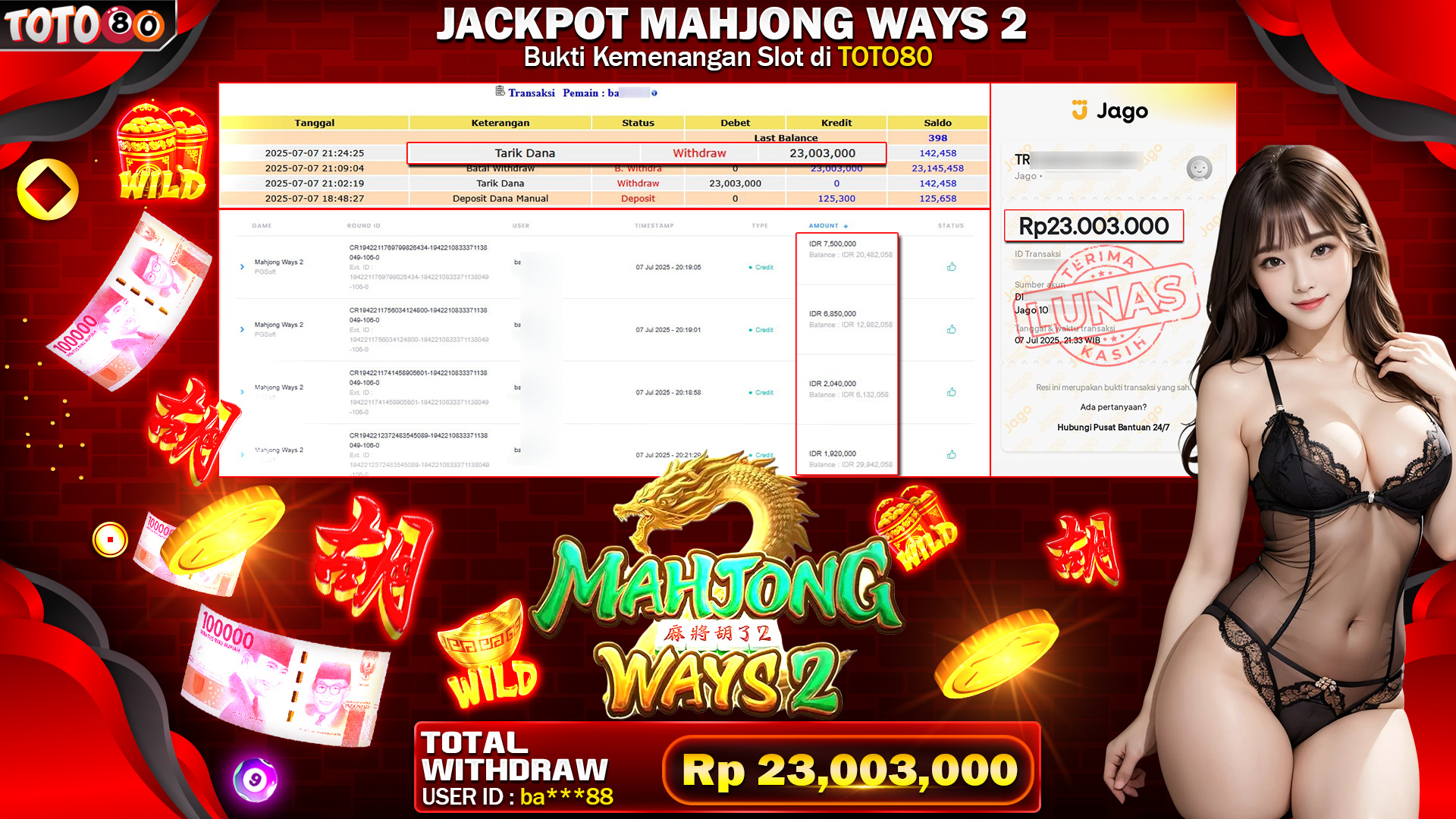🎉 TOTO80 – JACKPOT SLOT MAHJONG WAYS 2  RP.23,003,000,- TELAH DIBAYARKAN! 🎉