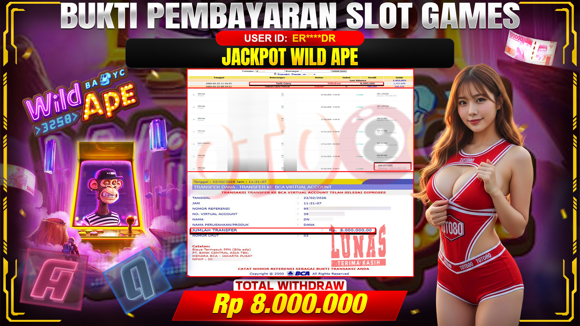 🎉 TOTO80 – JACKPOT SLOT WILD APE RP. 8,000,000,- TELAH DIBAYARKAN! 🎉