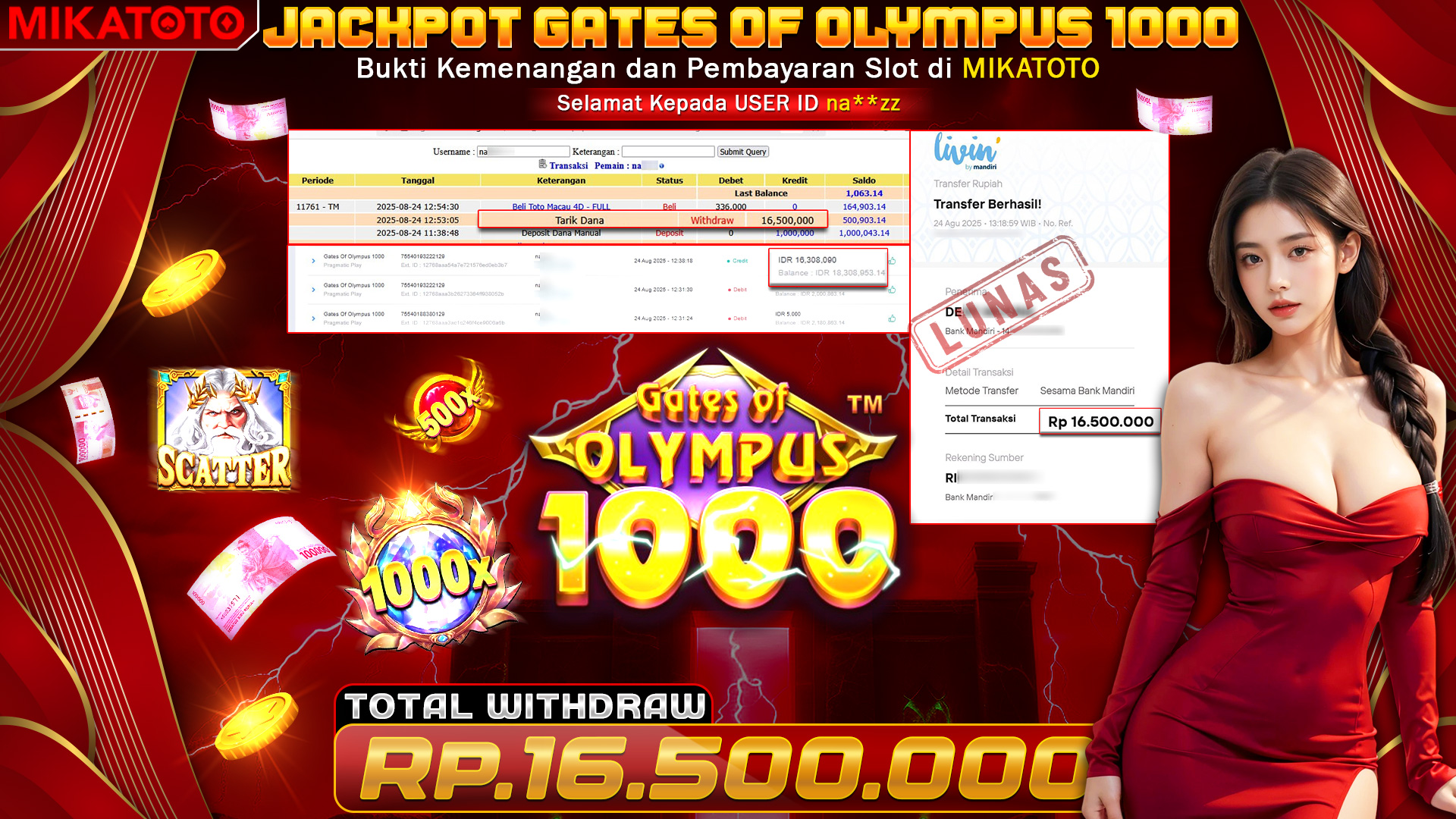🏆 SELAMAT KEPADA PEMENANG JACKPOT DI Gates Of Olympus 1000 16,500,000🏆
