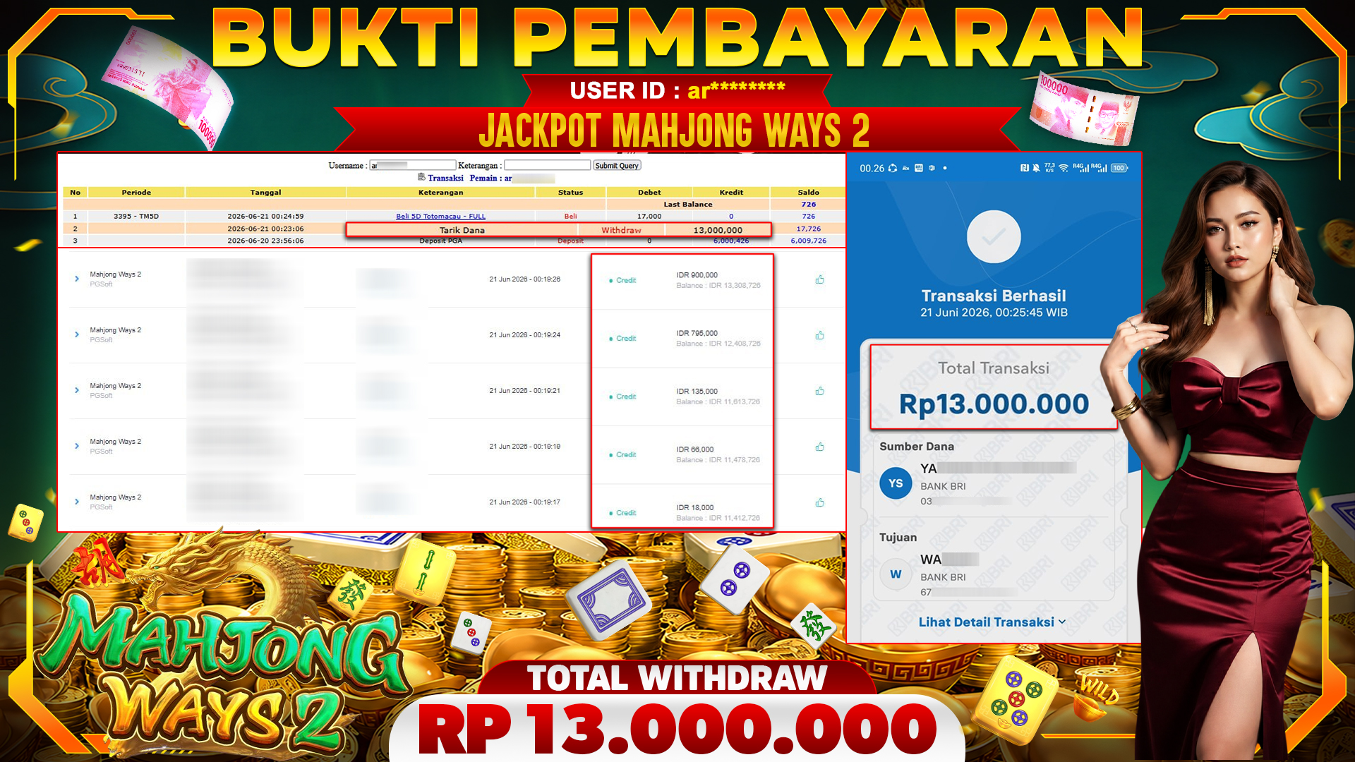 🏆 SELAMAT KEPADA PEMENANG JACKPOT DI Mahjong Ways 2 - PGSoft 13,000,000🏆