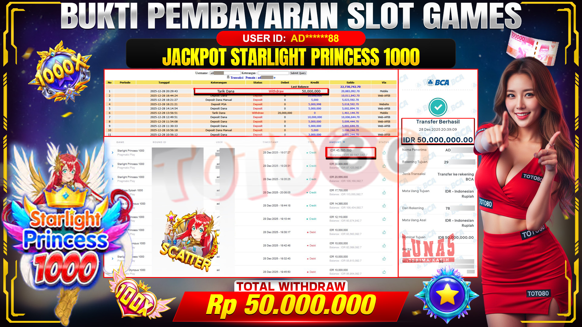 🎉 TOTO80 – JACKPOT SLOT STARLIGHT PRINCESS 1000 RP. 50,000,000,- TELAH DIBAYARKAN! 🎉