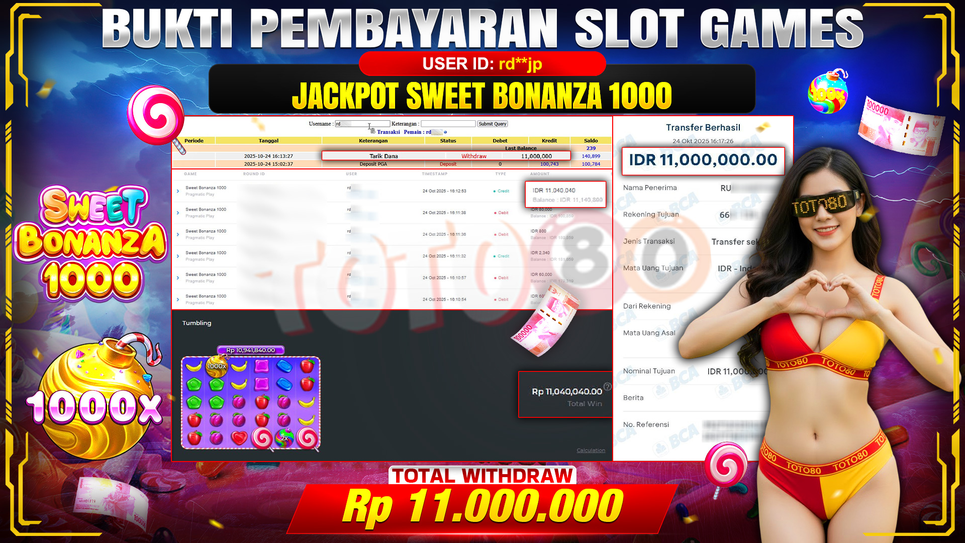 🎉 TOTO80 – JACKPOT SLOT SWEET BONANZA 1000 RP.11.000.000,- TELAH DIBAYARKAN! 🎉