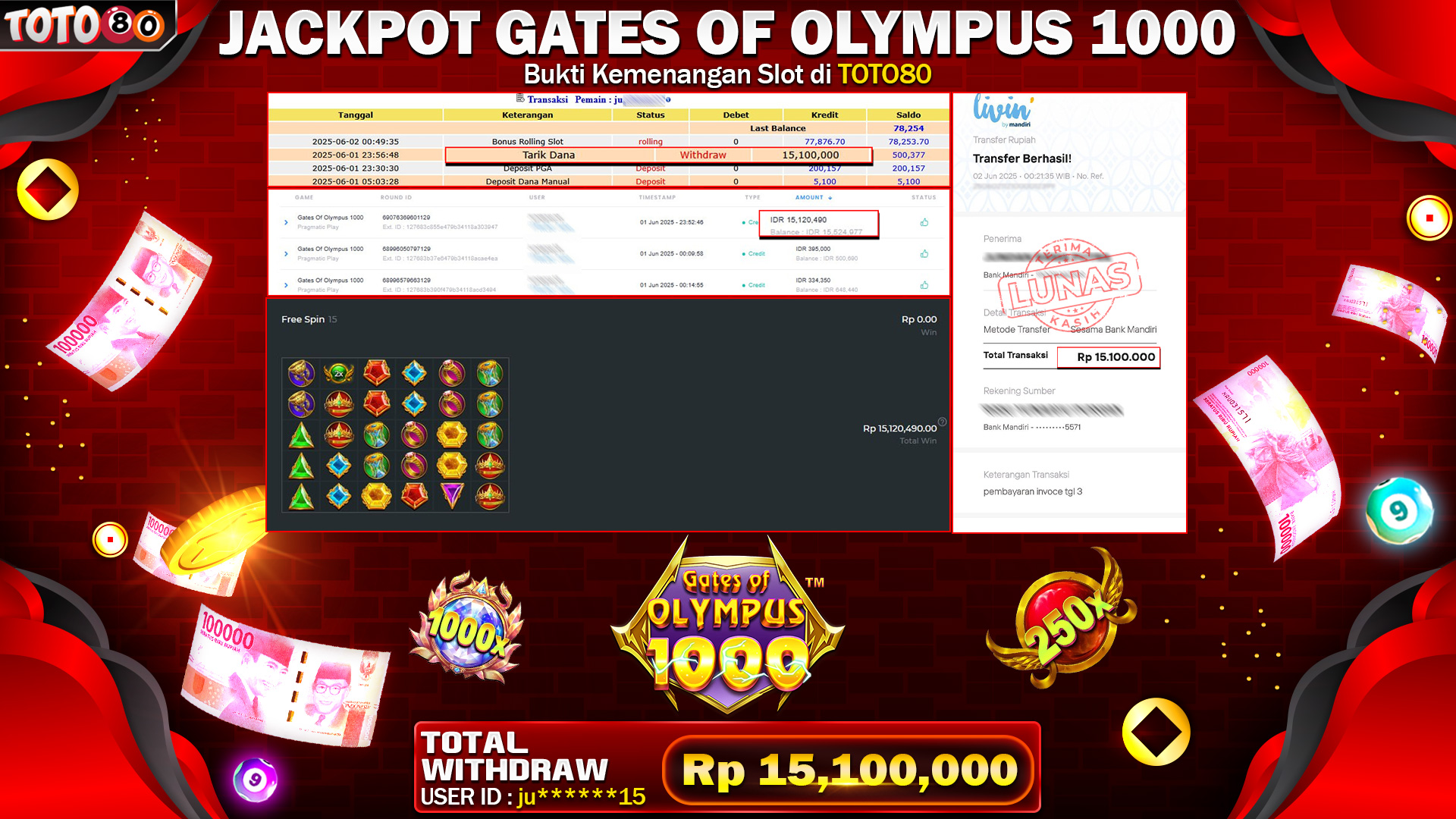 TOTO80 JACKPOT SLOT GATES OF OLYMPUS 1000 RP 15.100.000,- LUNAS