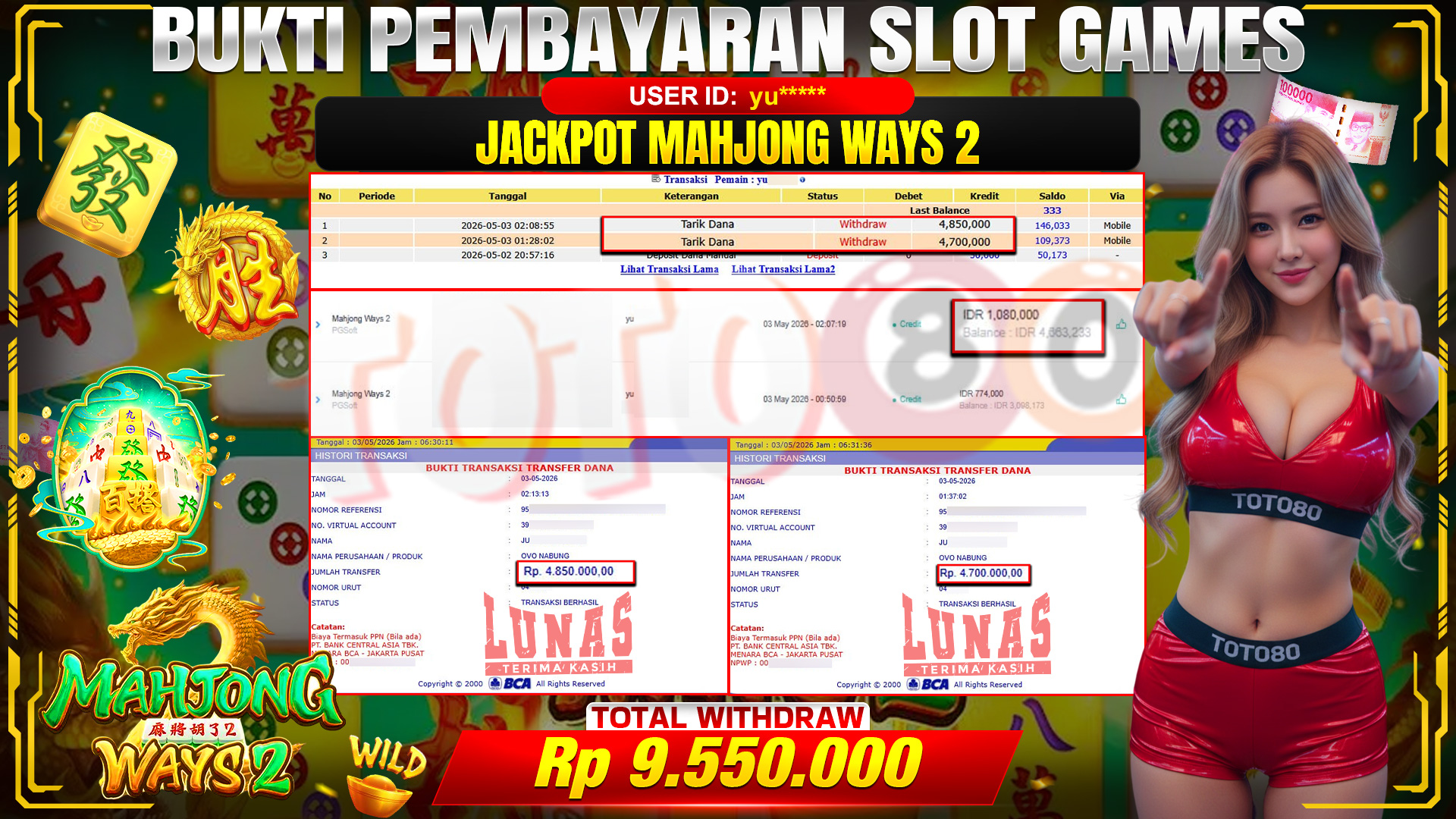 💰🎉  TOTO80 – JACKPOT SLOT MAHJONG WAYS 2 RP. 9,550,000,- TELAH DIBAYARKAN! 💰🎉 