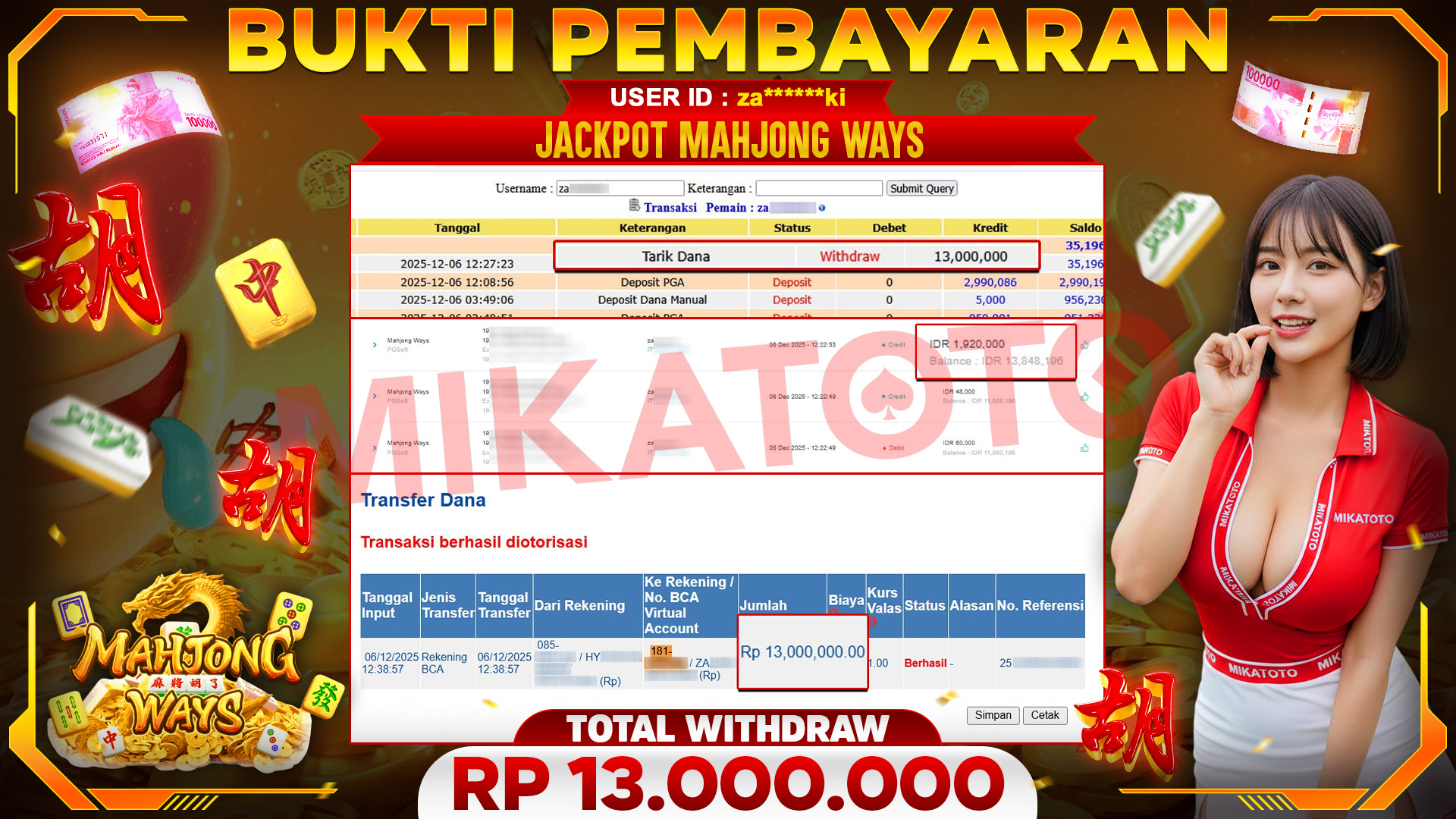 SELAMAT KEPADA PEMENANG JACKPOT DI Mahjong Ways - PGSoft 13,000,000🏆