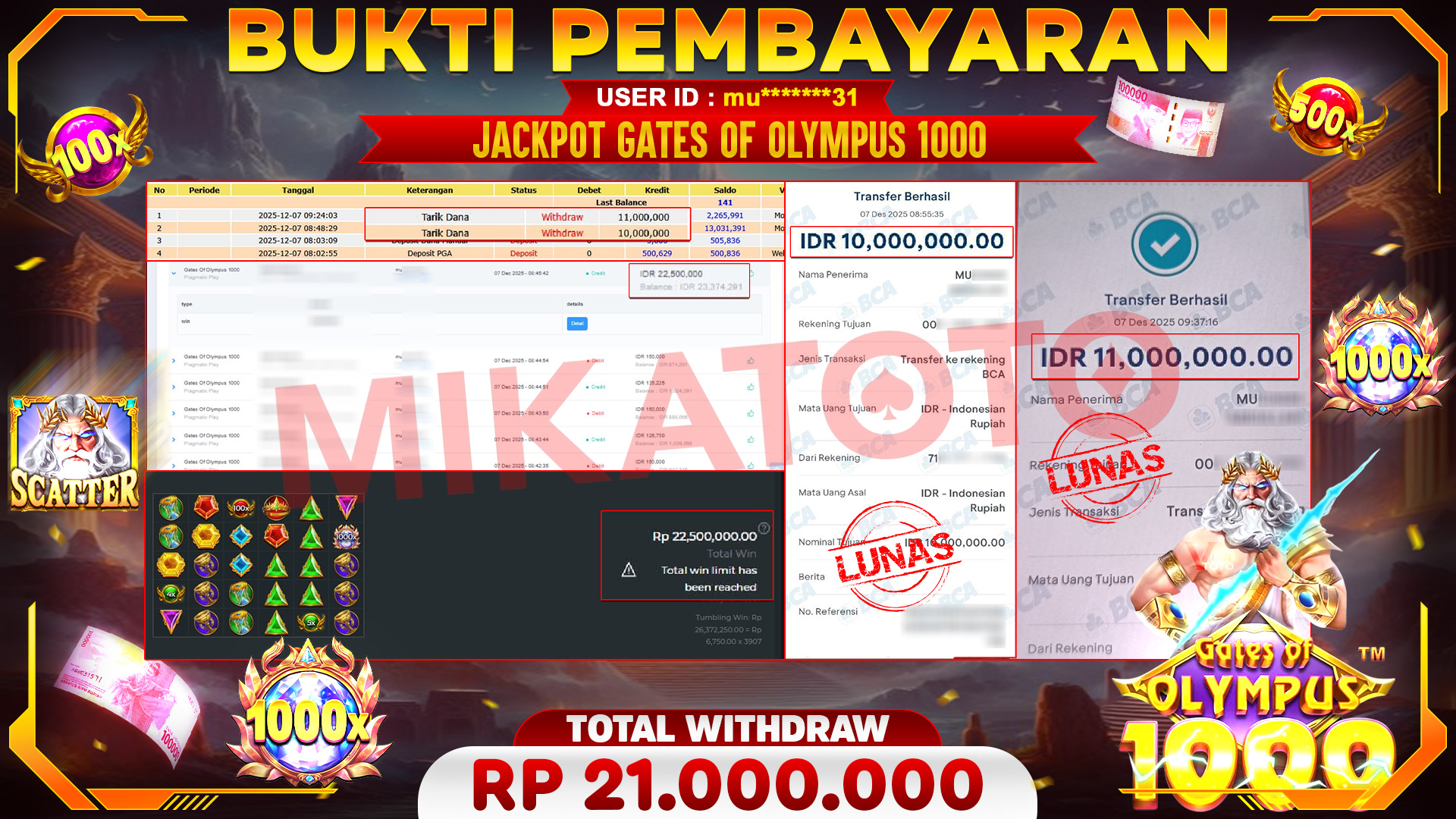 SELAMAT KEPADA PEMENANG JACKPOT DI Gates Of Olympus 1000 - Pragmatic Play 21,000,000🏆