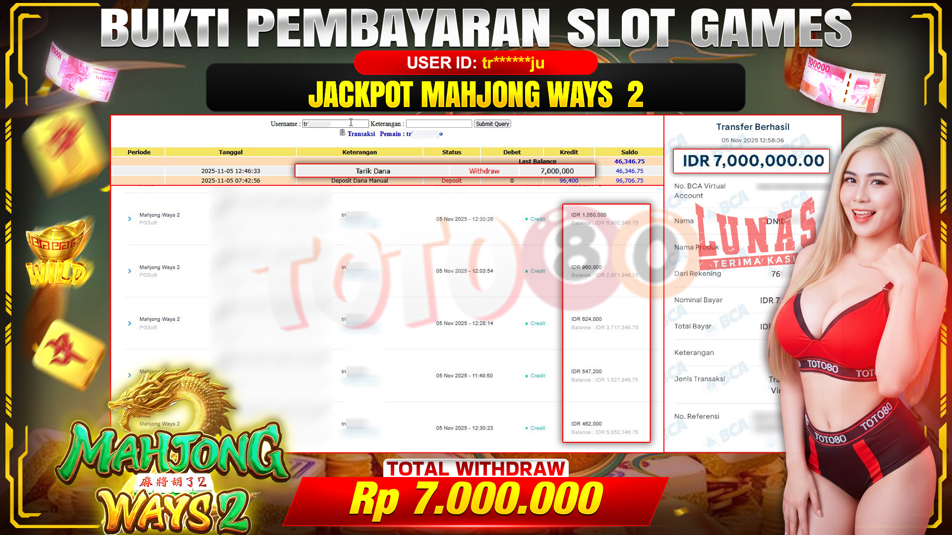 🎉 TOTO80 – JACKPOT SLOT MAHJONG WAYS 2 RP.7.000.000,- TELAH DIBAYARKAN! 🎉