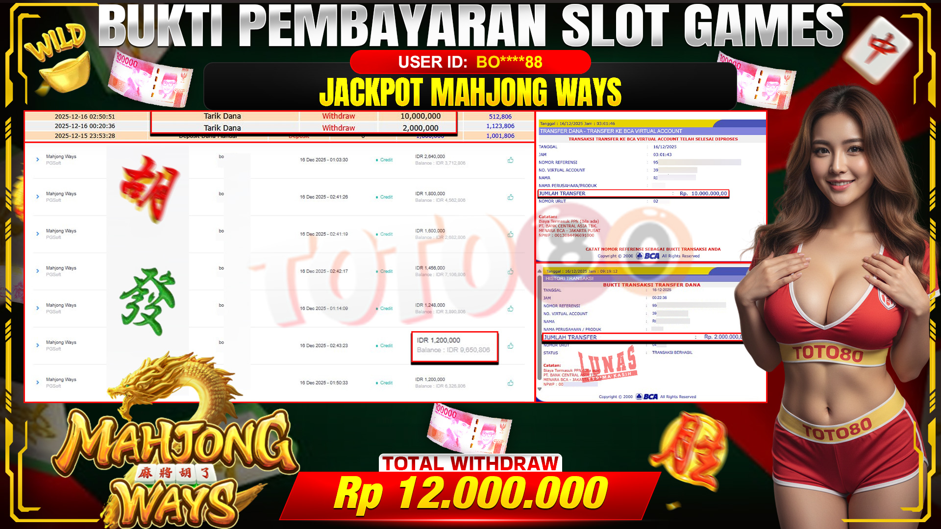 🎉 TOTO80 – JACKPOT SLOT MAHJONG WAYS RP. 12,000,000,- TELAH DIBAYARKAN! 🎉