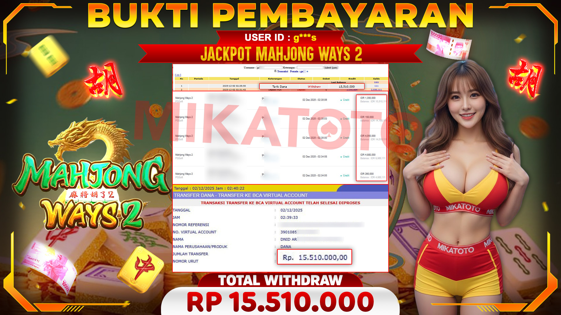 SELAMAT KEPADA PEMENANG JACKPOT DI Mahjong Ways 2 - PGSoft 15,510,000🏆