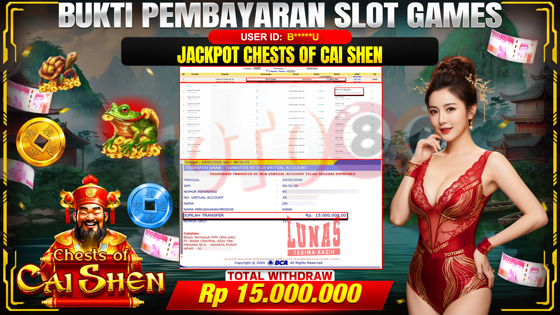 🎉 TOTO80 – JACKPOT SLOT CHESTS OF CAI SHEN RP. 15,000,000,- TELAH DIBAYARKAN! 🎉