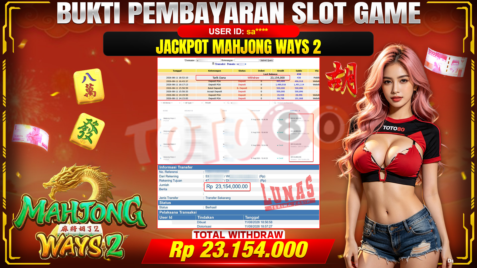 💰🎉 TOTO80 – JACKPOT SLOT MAHJONG  WAYS 2 RP. 23,154,000,-  TELAH DIBAYARKAN!💰🎉