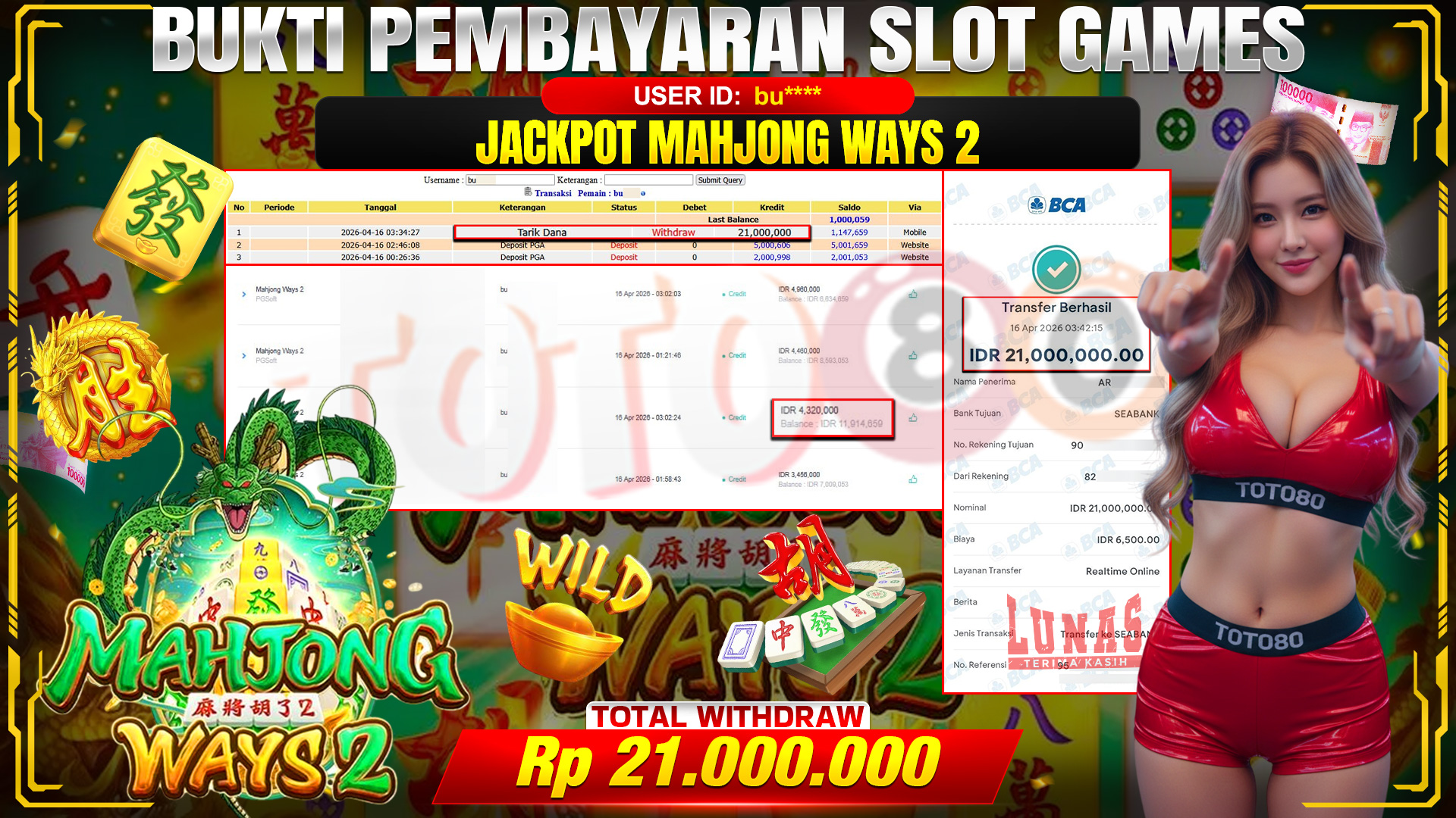 💰🎉 TOTO80 – JACKPOT SLOT MAHJONG WAYS 2 RP. 21,000,000,-  TELAH DIBAYARKAN!💰🎉