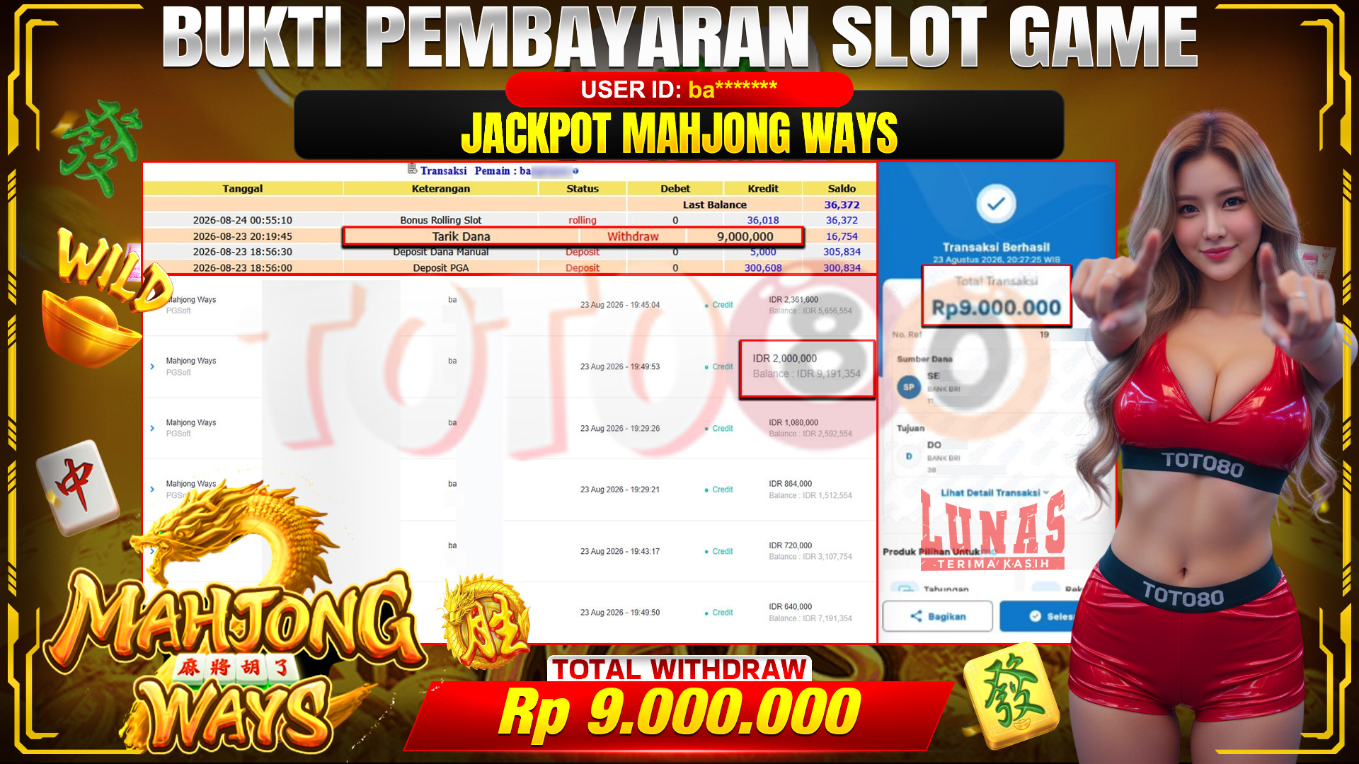 💰🎉 TOTO80 – JACKPOT SLOT MAHJONG  WAYS RP. 9,000,000,-  TELAH DIBAYARKAN!💰🎉