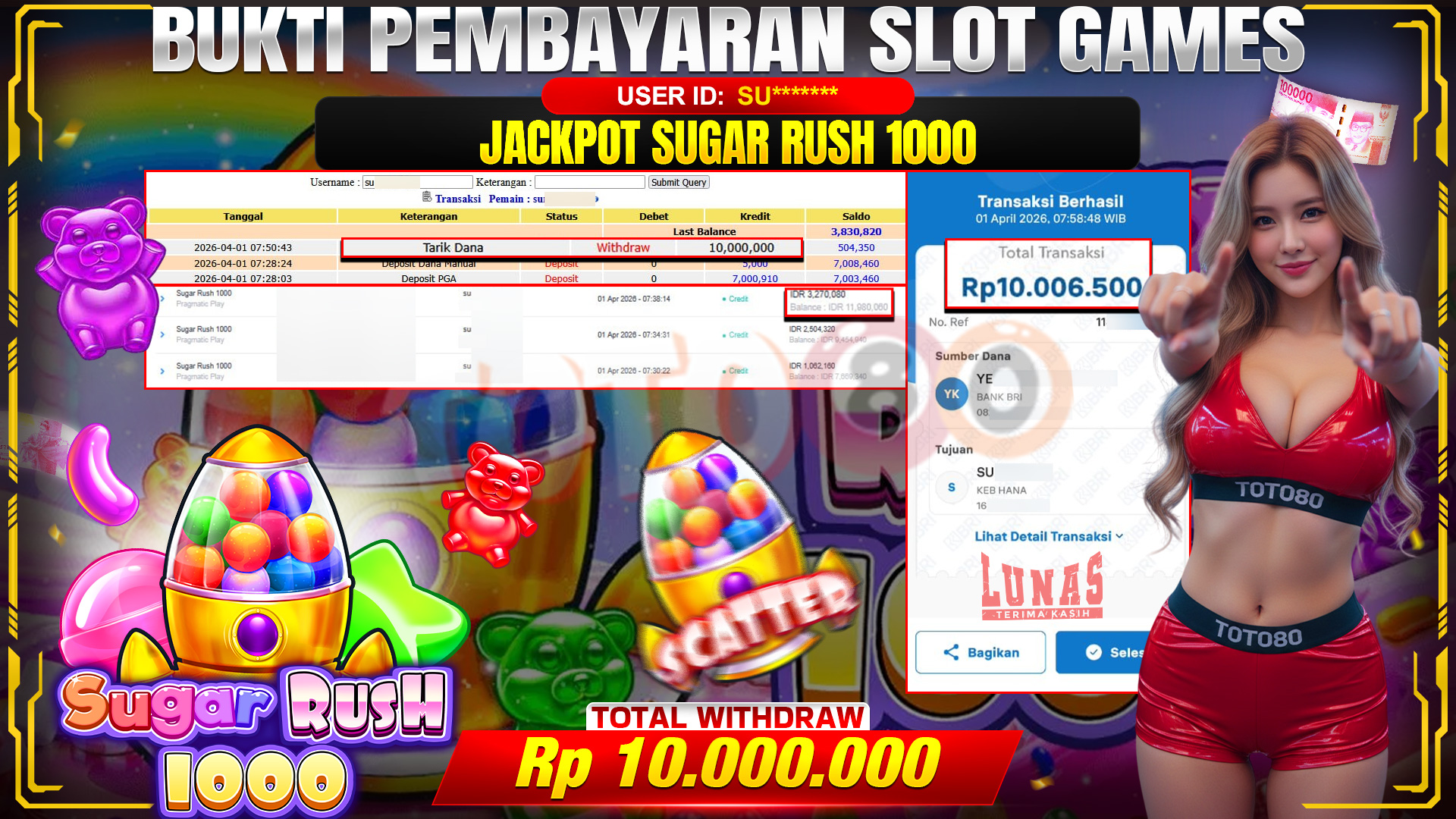 💰🎉 TOTO80 – JACKPOT SLOT SUGAR RUSH 1000 RP. 10,000,000,- TELAH DIBAYARKAN!💰🎉