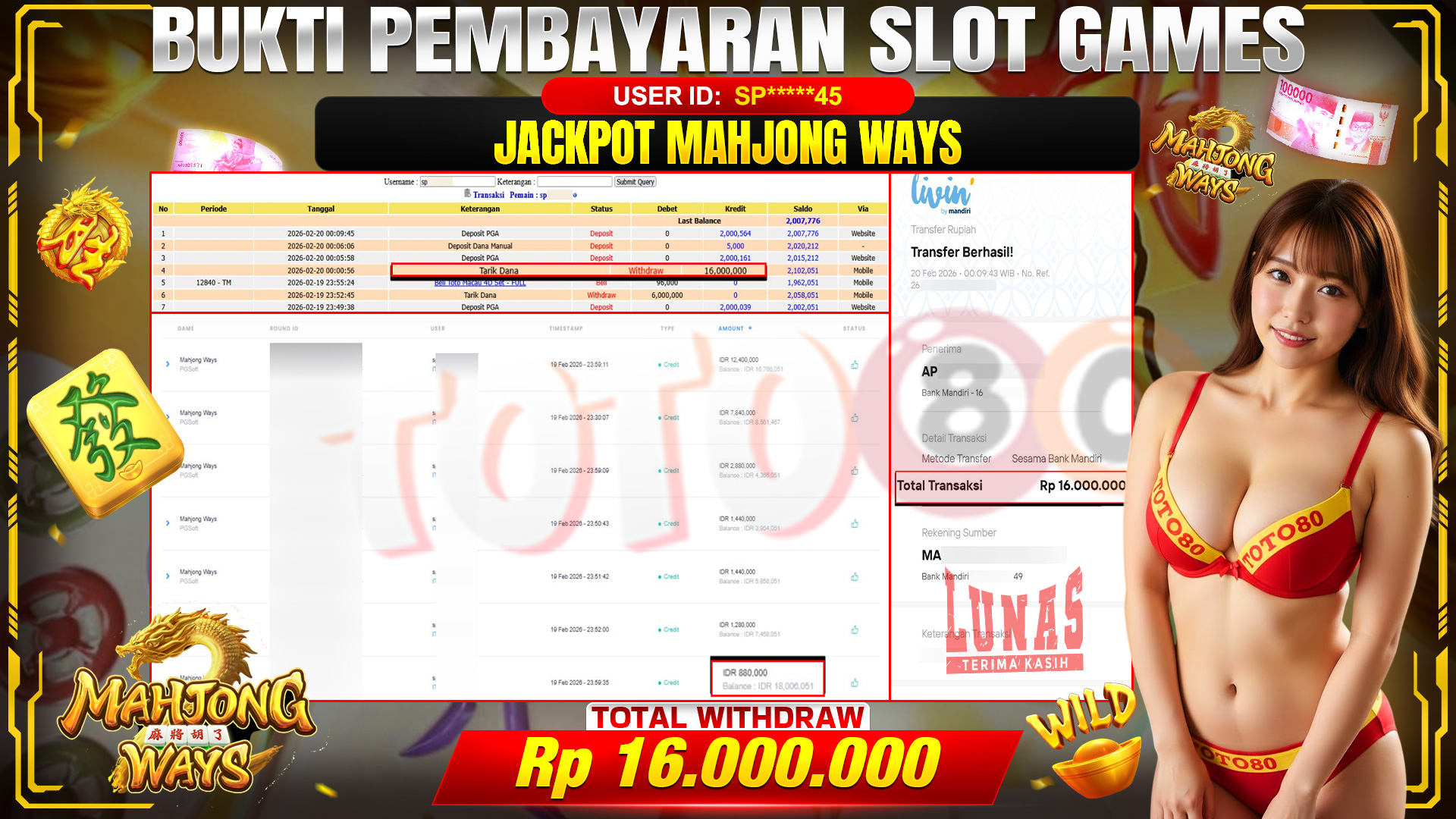 🎉 TOTO80 – JACKPOT SLOT MAHJONG WAYS RP. 16,000,000,- TELAH DIBAYARKAN! 🎉