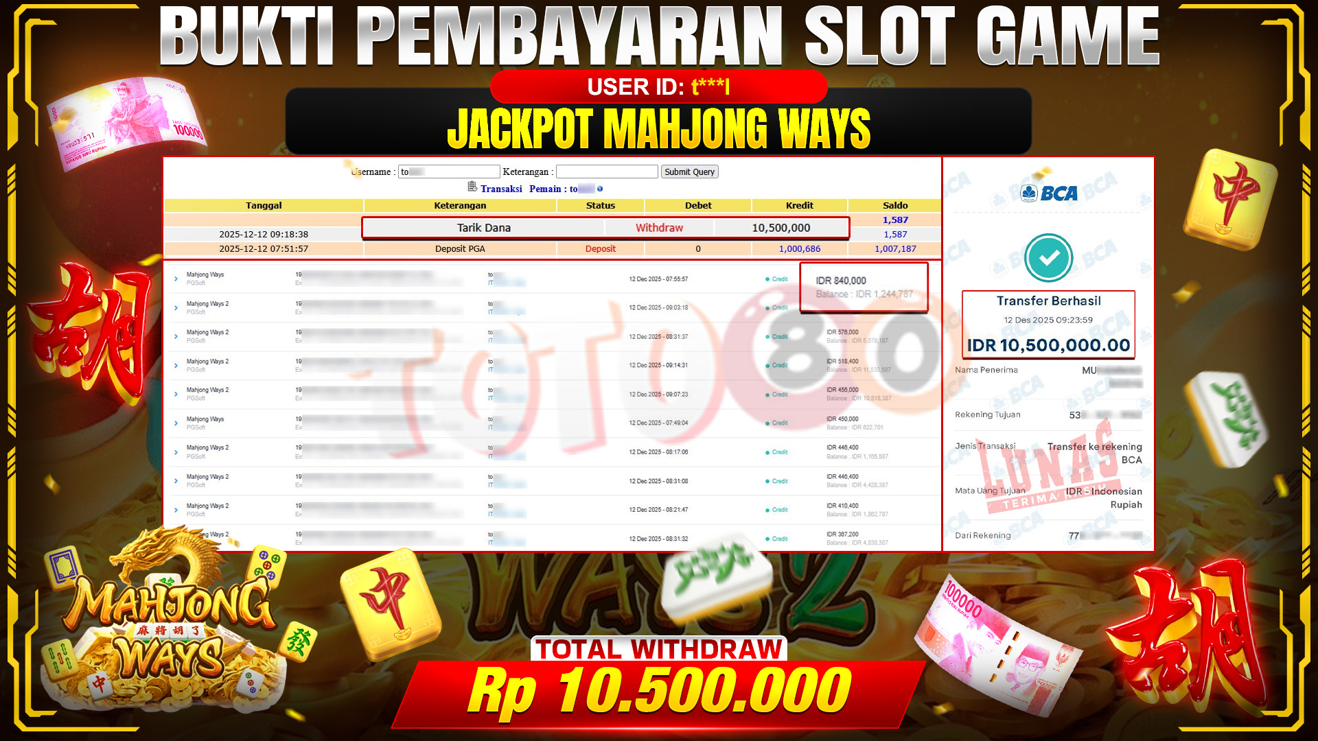 🎉 TOTO80 – JACKPOT SLOT MAHJONG WAYS RP. 10,500,000,- TELAH DIBAYARKAN! 🎉