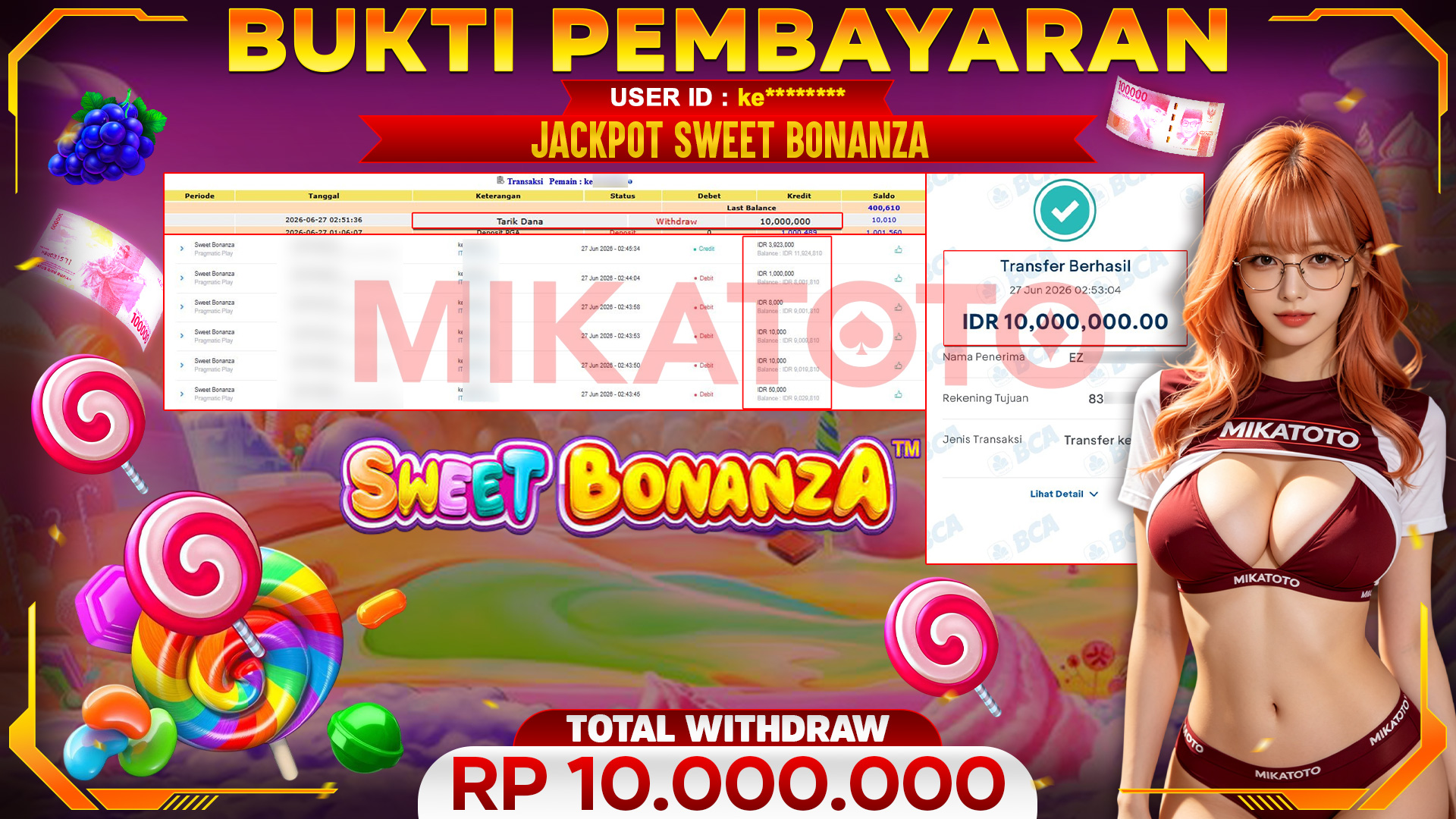 🏆 SELAMAT KEPADA PEMENANG JACKPOT DI Sweet Bonanza - Pragmatic Play 10,000,000🏆